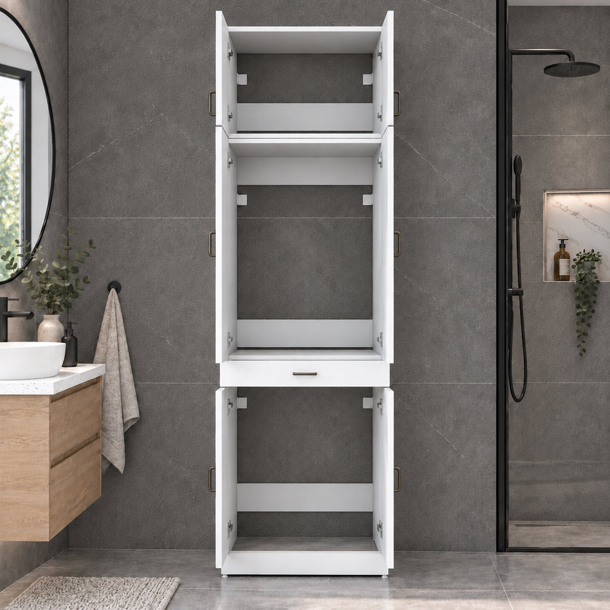Rani KD146 Çamaşır Ve Kurutma Makinesi Dolabı 4 Kapaklı Çekmeceli Banyo Dolabı Beyaz