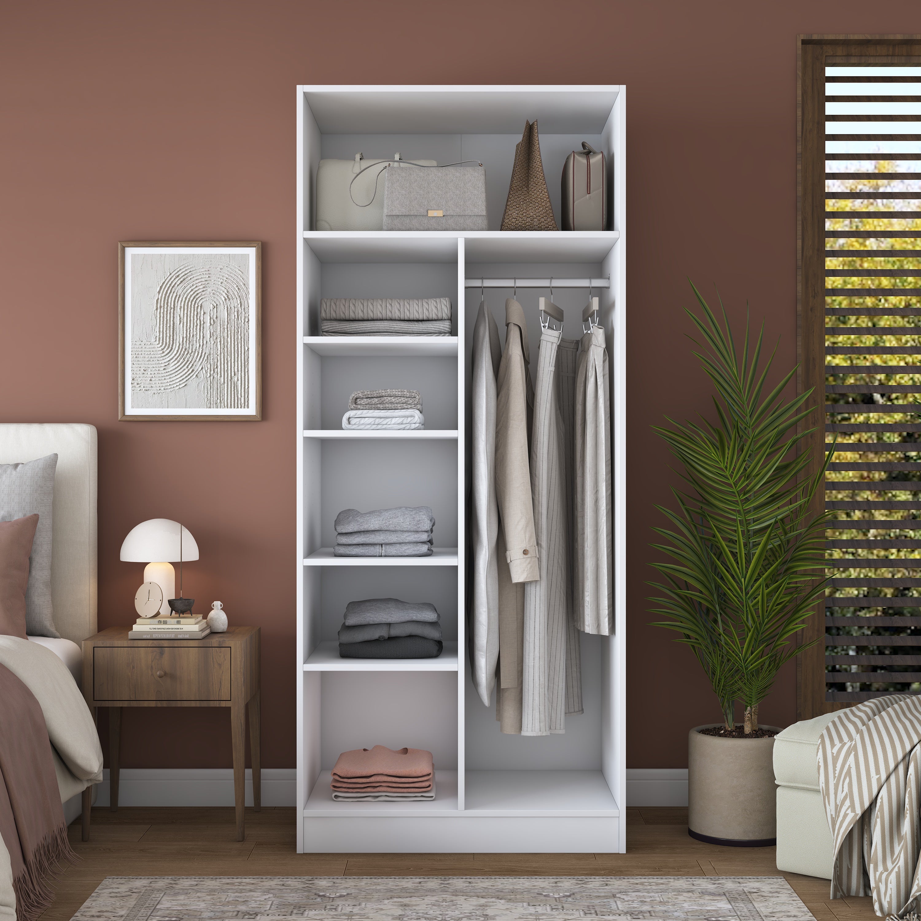 Rani BA299 Membran Kapaklı Gardırop 2 Kapaklı 5 Raflı Askılı Elbise Dolabı Beyaz