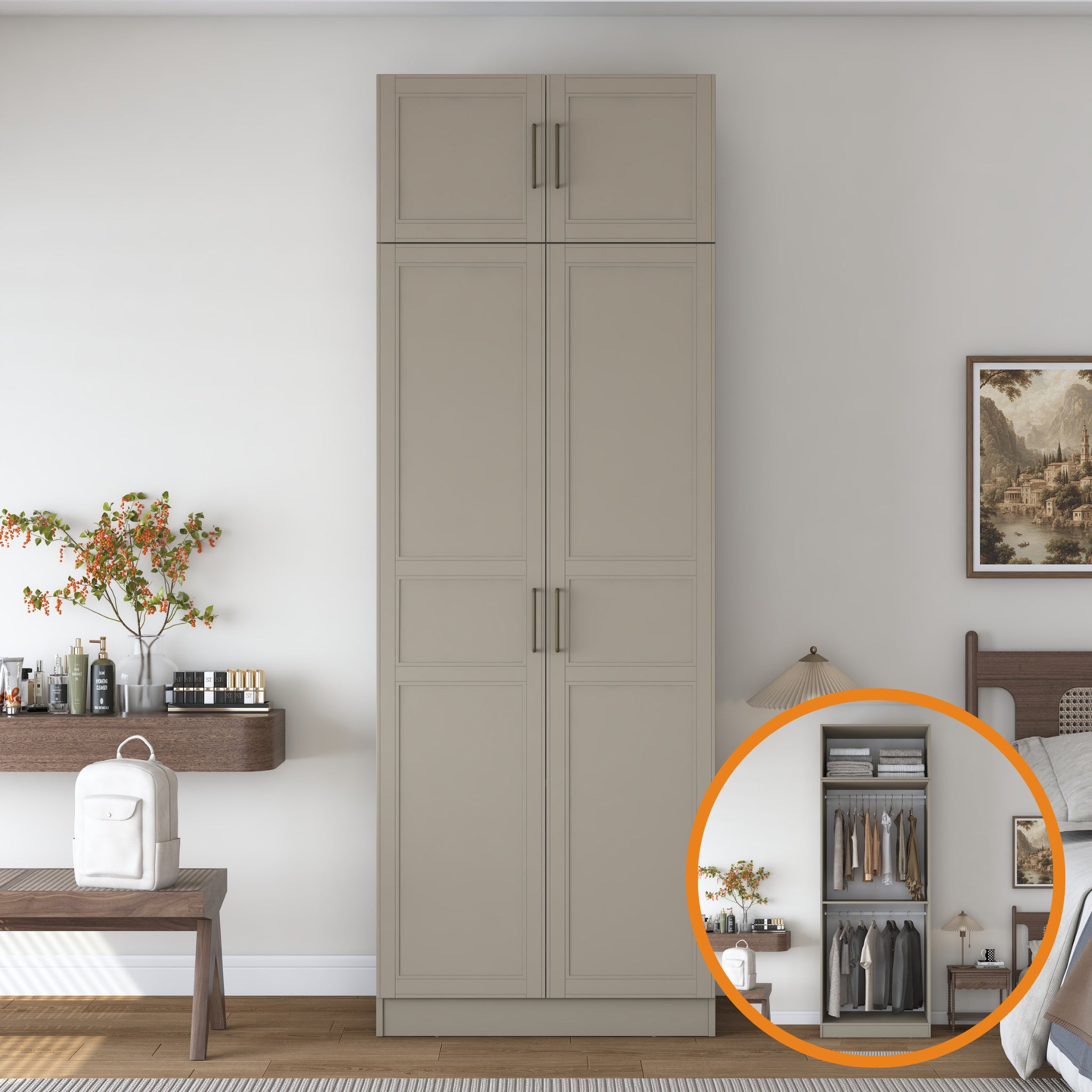 Rani BA358 Membran Kapaklı Gardırop 2 Kapaklı 2 Raflı 2 Askılı Elbise Dolabı Kumtaşı