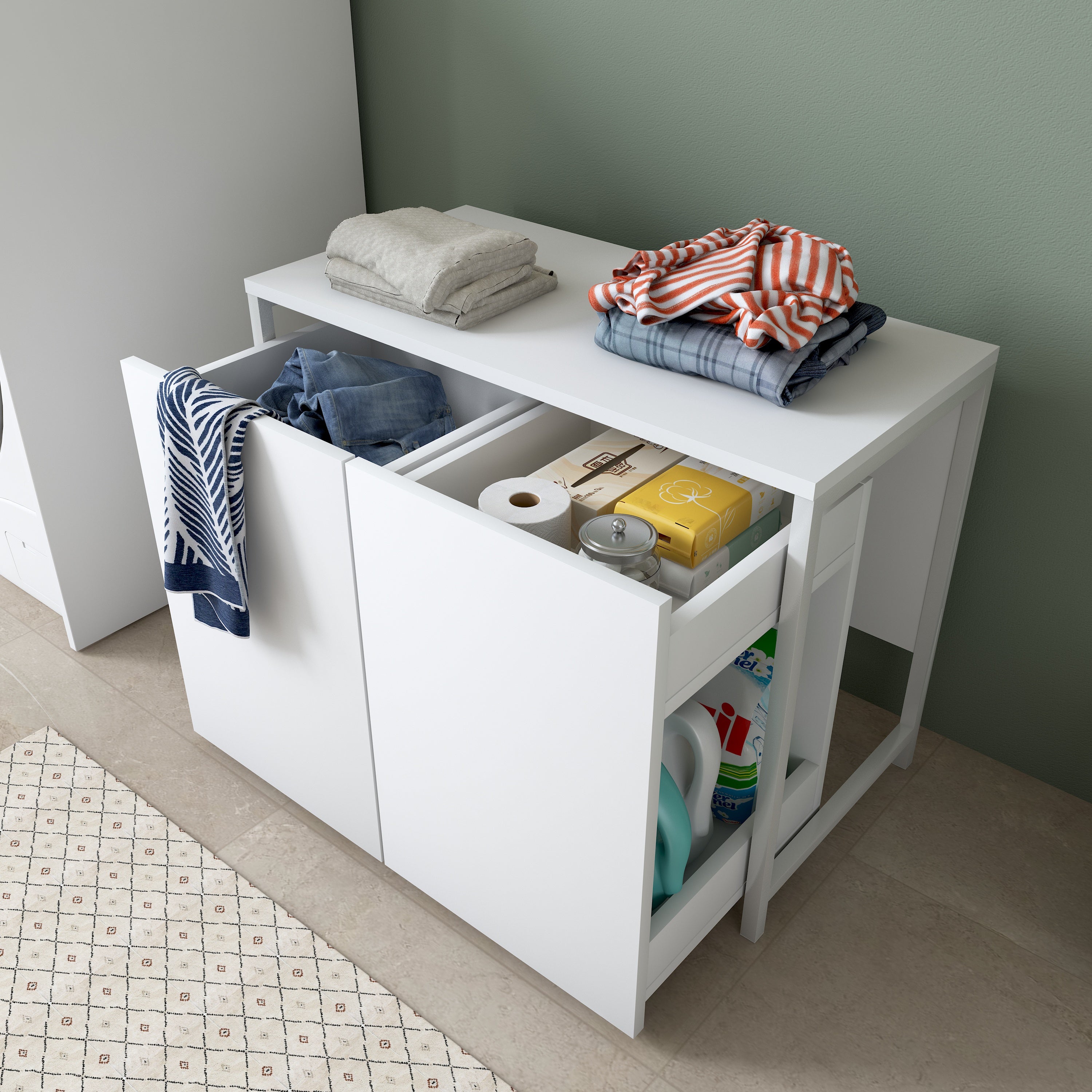 Rani KC118 Tekerlekli Kirli Çamaşır Banyo Dolabı Beyaz