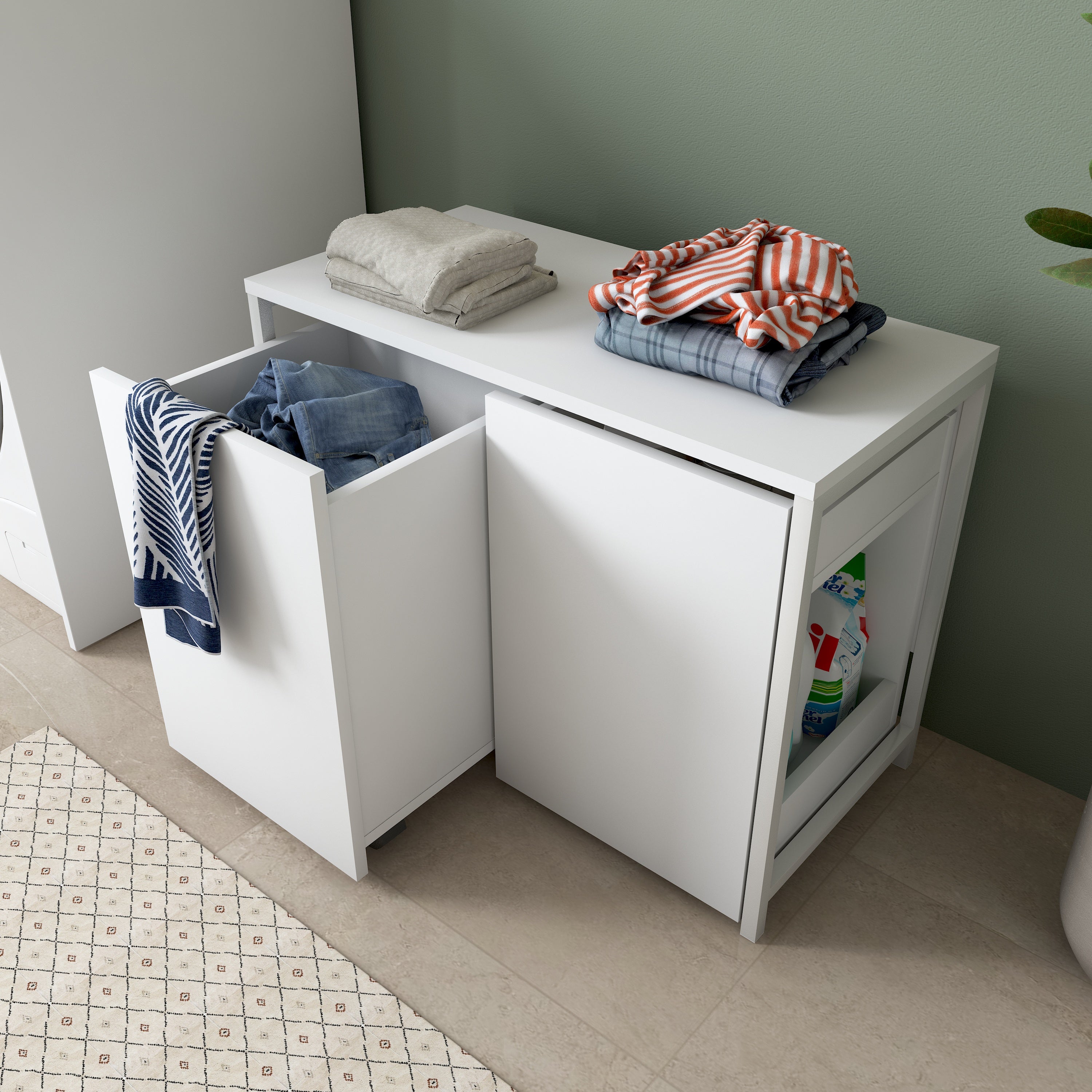 Rani KC118 Tekerlekli Kirli Çamaşır Banyo Dolabı Beyaz