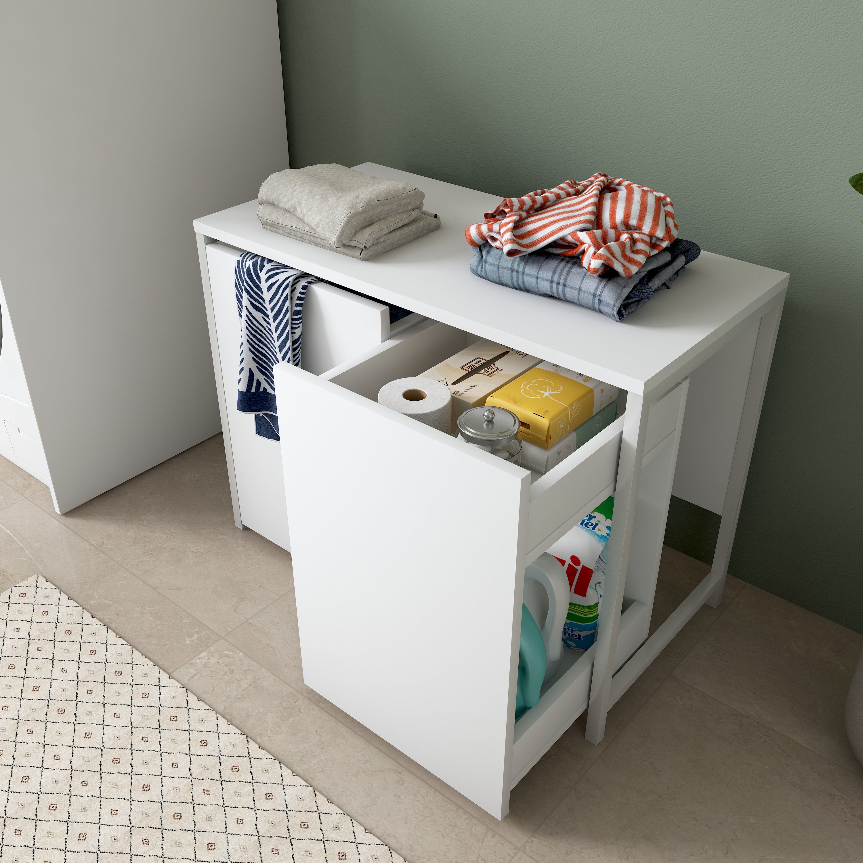 Rani KC118 Tekerlekli Kirli Çamaşır Banyo Dolabı Beyaz