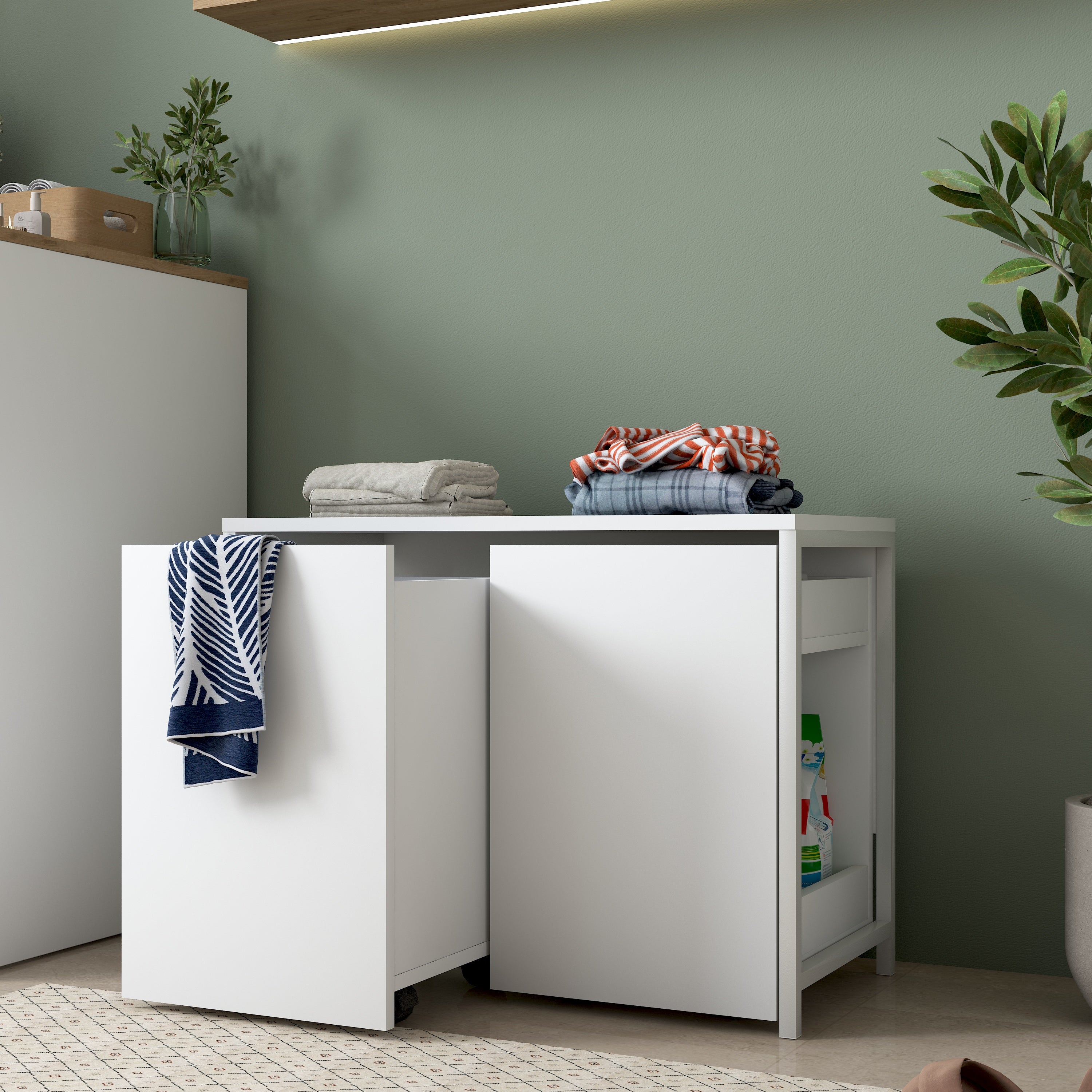 Rani KC118 Tekerlekli Kirli Çamaşır Banyo Dolabı Beyaz