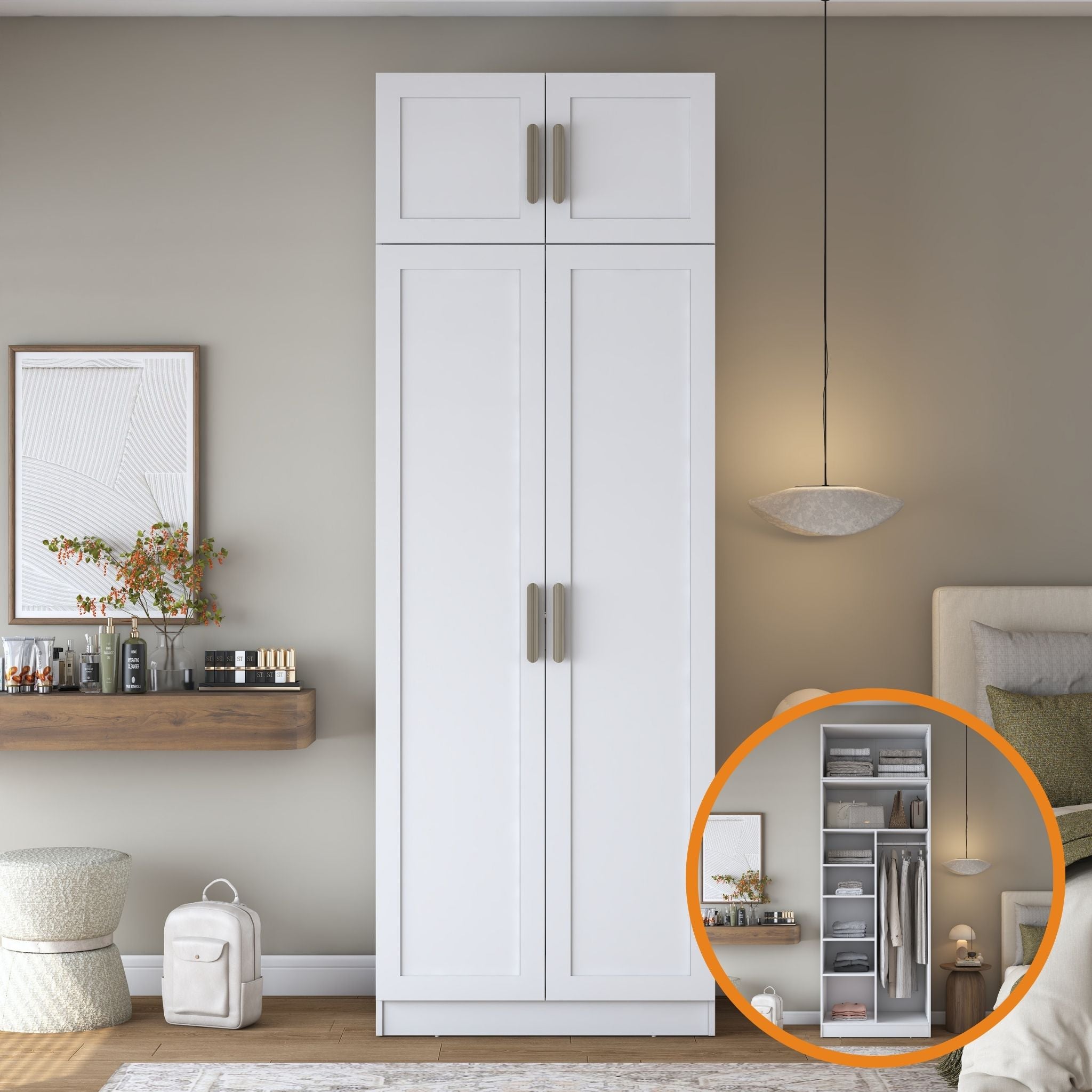 Rani BA349 Membran Kapaklı Gardırop 2 Kapaklı 6 Raflı Askılı Elbise Dolabı Beyaz