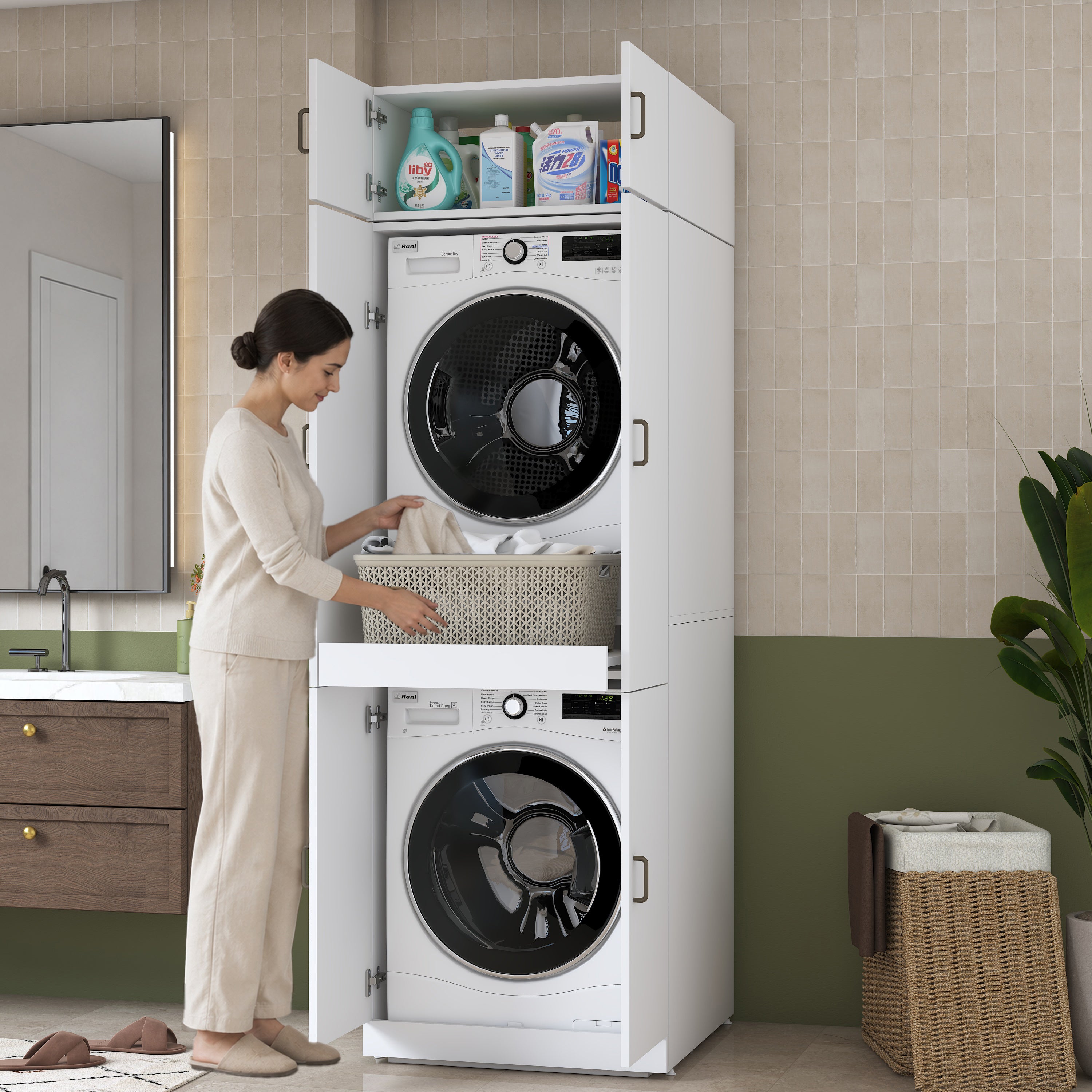 Rani KD142 Çamaşır Ve Kurutma Makinesi Dolabı 6 Kapaklı Çekmeceli Raflı Banyo Dolabı Beyaz