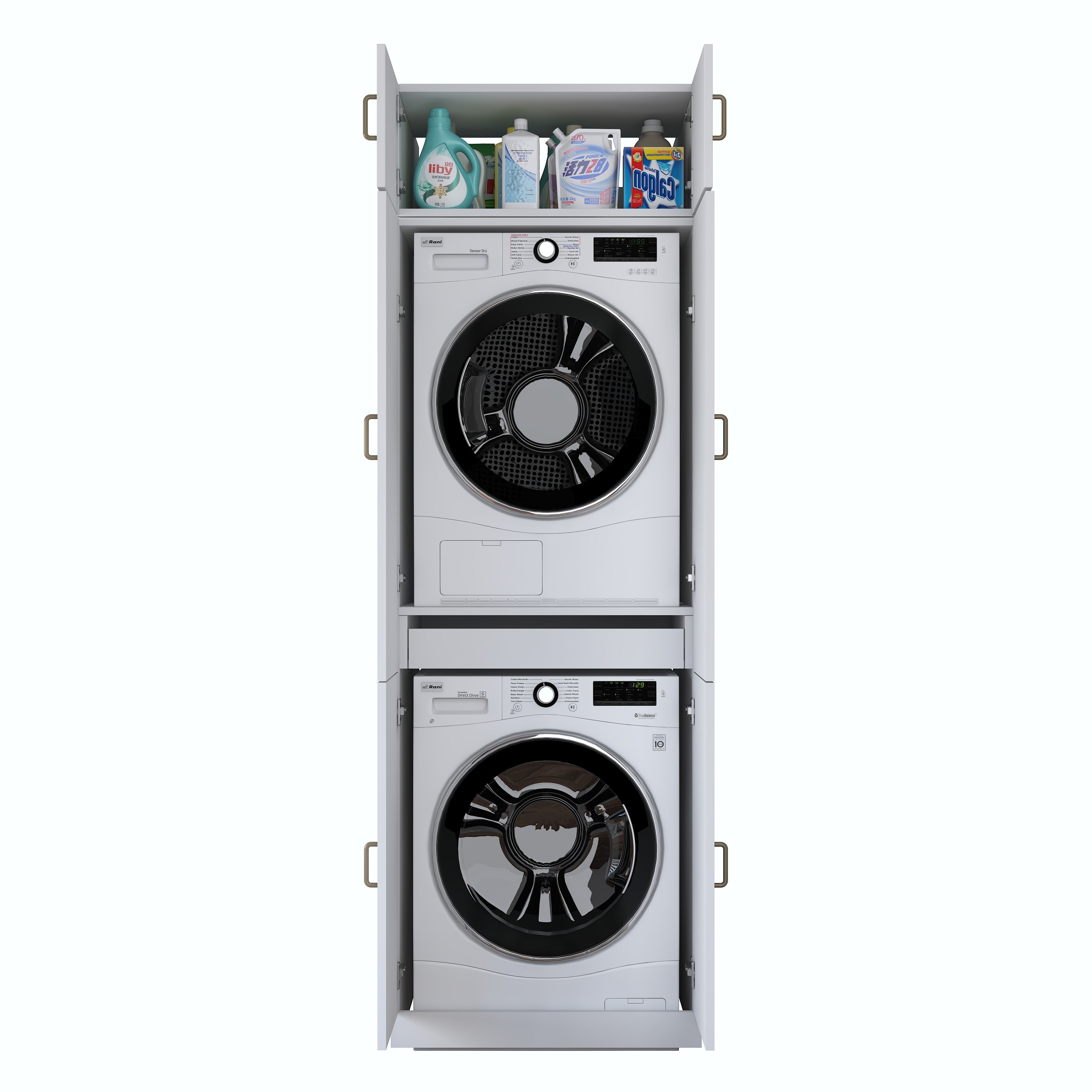 Rani KD142 Çamaşır Ve Kurutma Makinesi Dolabı 6 Kapaklı Çekmeceli Raflı Banyo Dolabı Beyaz