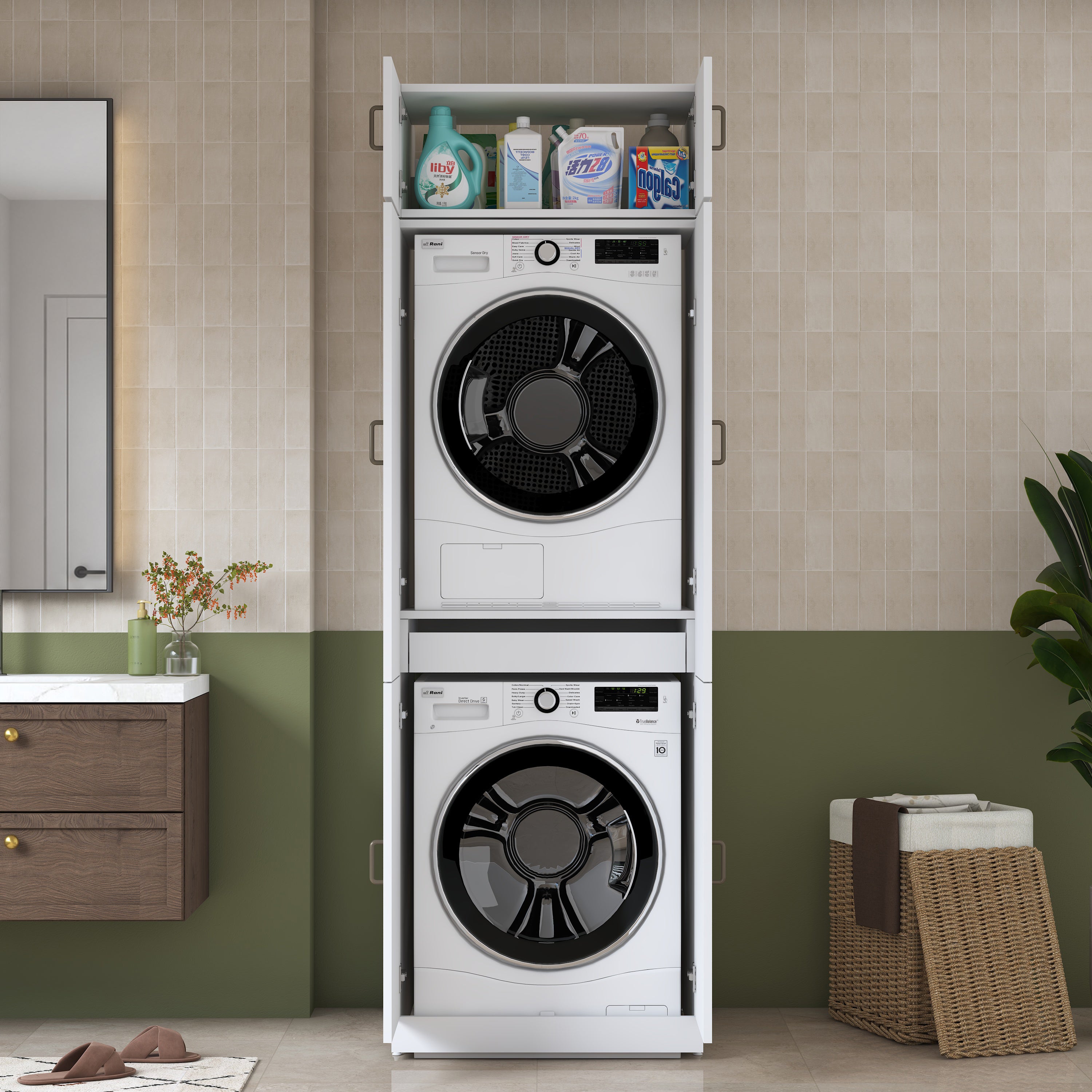 Rani KD142 Çamaşır Ve Kurutma Makinesi Dolabı 6 Kapaklı Çekmeceli Raflı Banyo Dolabı Beyaz