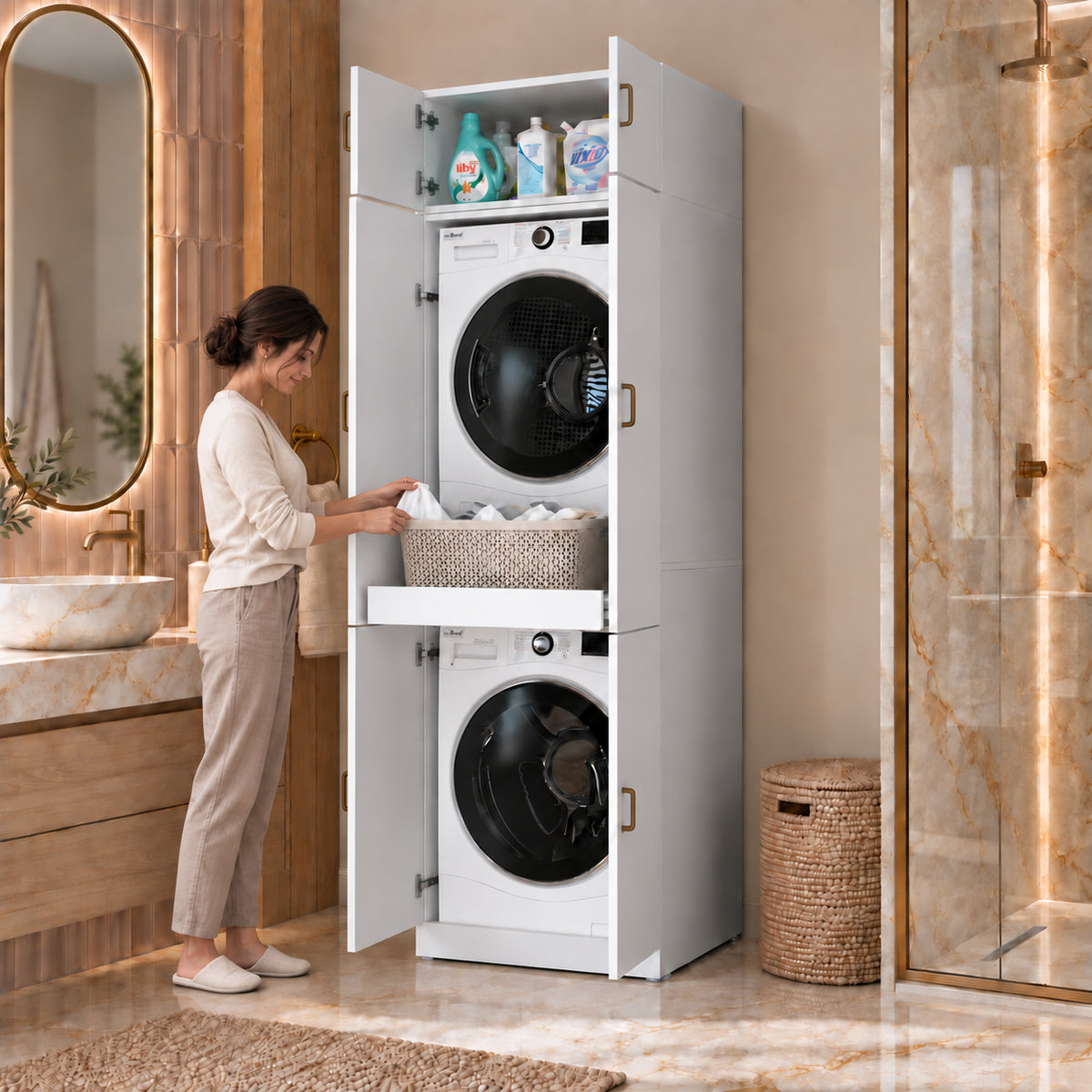 Rani KD142 Çamaşır Ve Kurutma Makinesi Dolabı 6 Kapaklı Çekmeceli Raflı Banyo Dolabı Beyaz