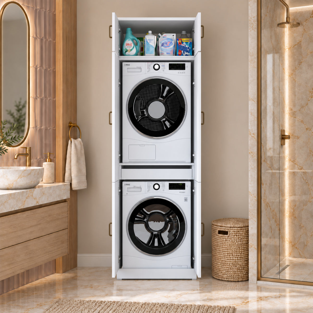Rani KD142 Çamaşır Ve Kurutma Makinesi Dolabı 6 Kapaklı Çekmeceli Raflı Banyo Dolabı Beyaz
