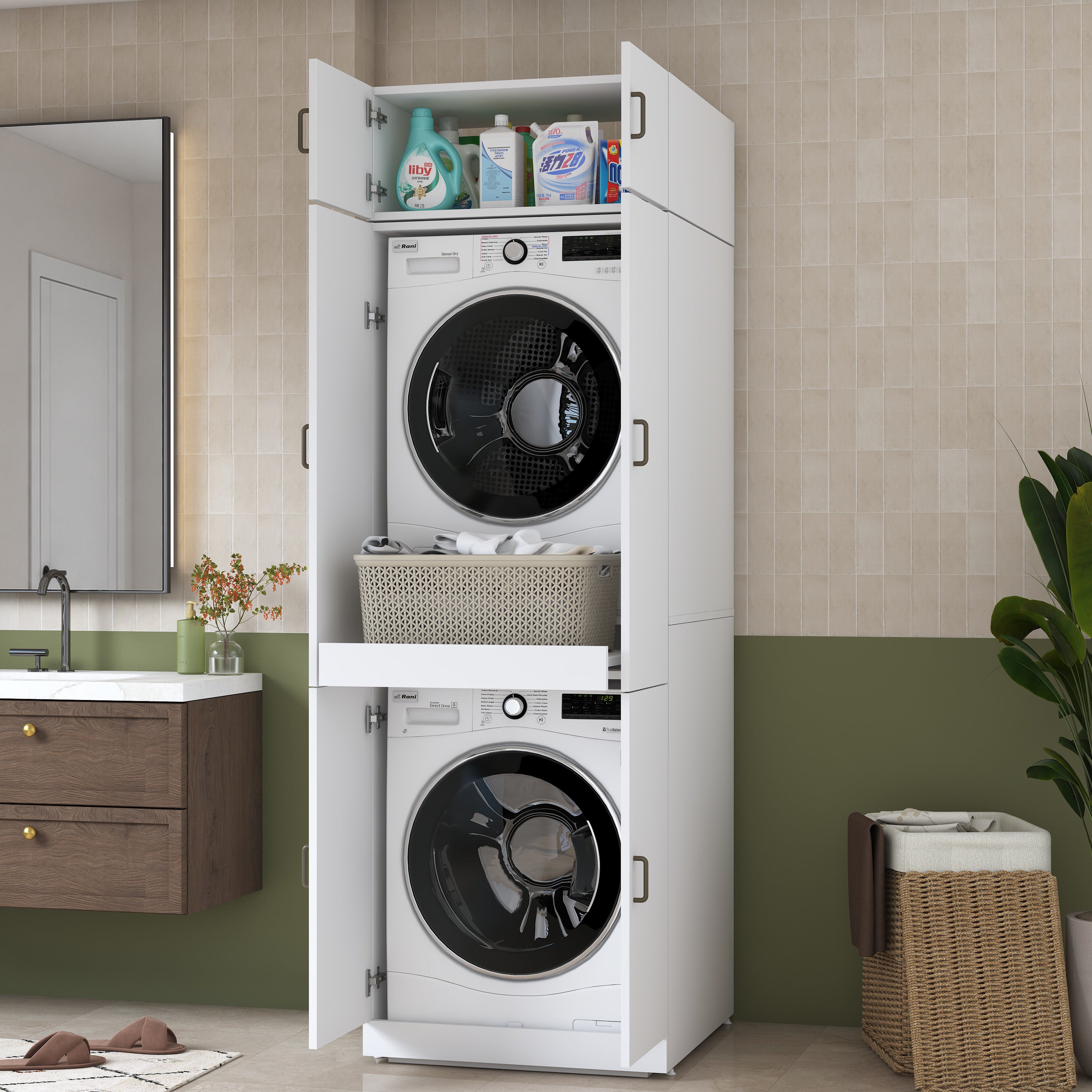 Rani KD142 Çamaşır Ve Kurutma Makinesi Dolabı 6 Kapaklı Çekmeceli Raflı Banyo Dolabı Beyaz