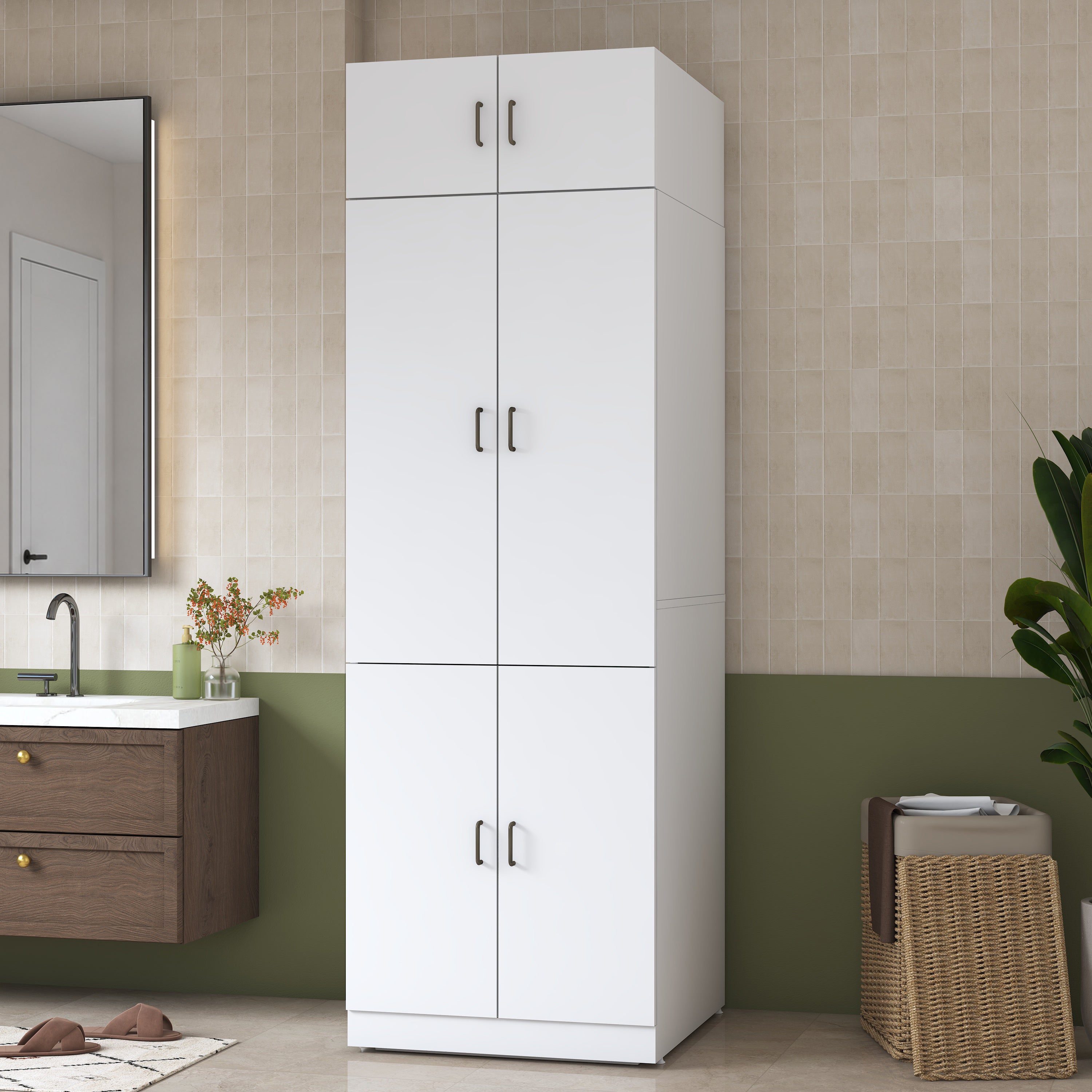 Rani KD142 Çamaşır Ve Kurutma Makinesi Dolabı 6 Kapaklı Çekmeceli Raflı Banyo Dolabı Beyaz