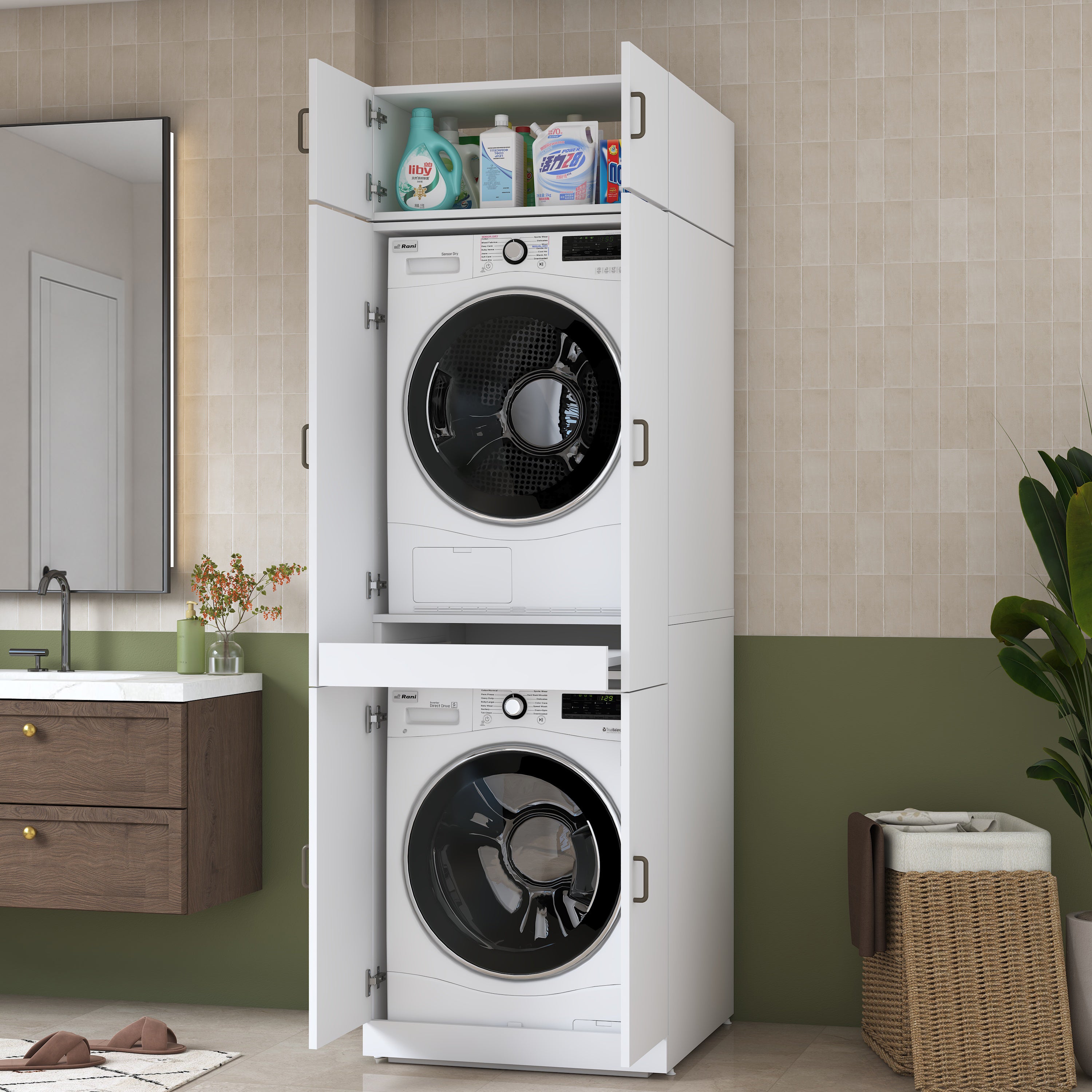 Rani KD142 Çamaşır Ve Kurutma Makinesi Dolabı 6 Kapaklı Çekmeceli Raflı Banyo Dolabı Beyaz