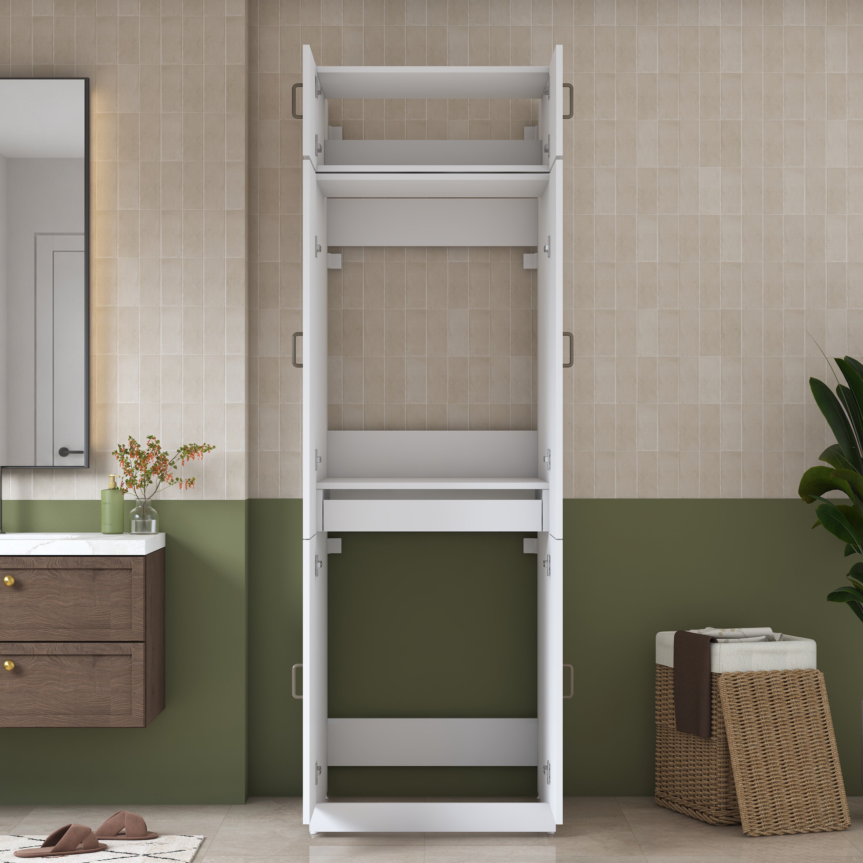 Rani KD142 Çamaşır Ve Kurutma Makinesi Dolabı 6 Kapaklı Çekmeceli Raflı Banyo Dolabı Beyaz