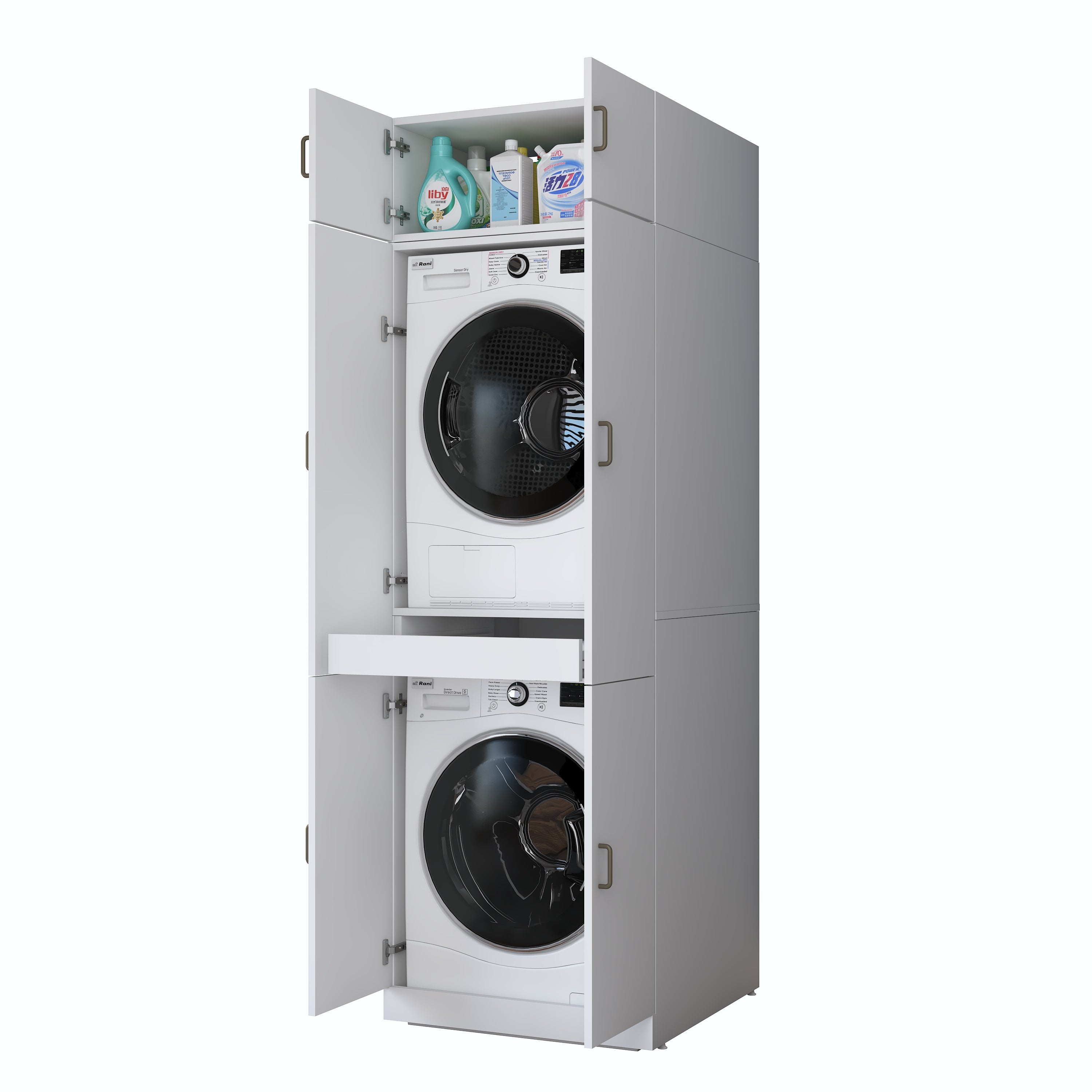 Rani KD142 Çamaşır Ve Kurutma Makinesi Dolabı 6 Kapaklı Çekmeceli Raflı Banyo Dolabı Beyaz