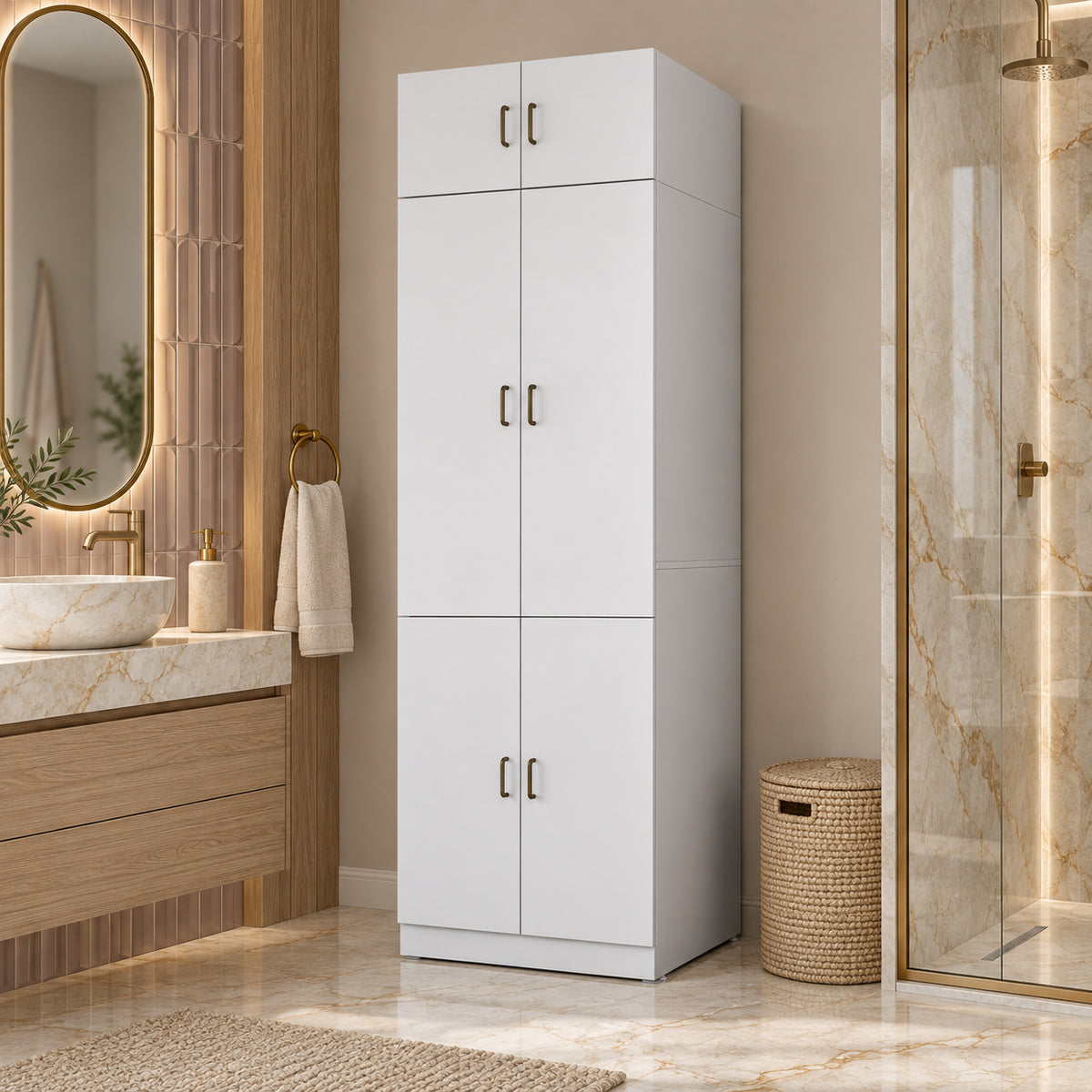 Rani KD142 Çamaşır Ve Kurutma Makinesi Dolabı 6 Kapaklı Çekmeceli Raflı Banyo Dolabı Beyaz