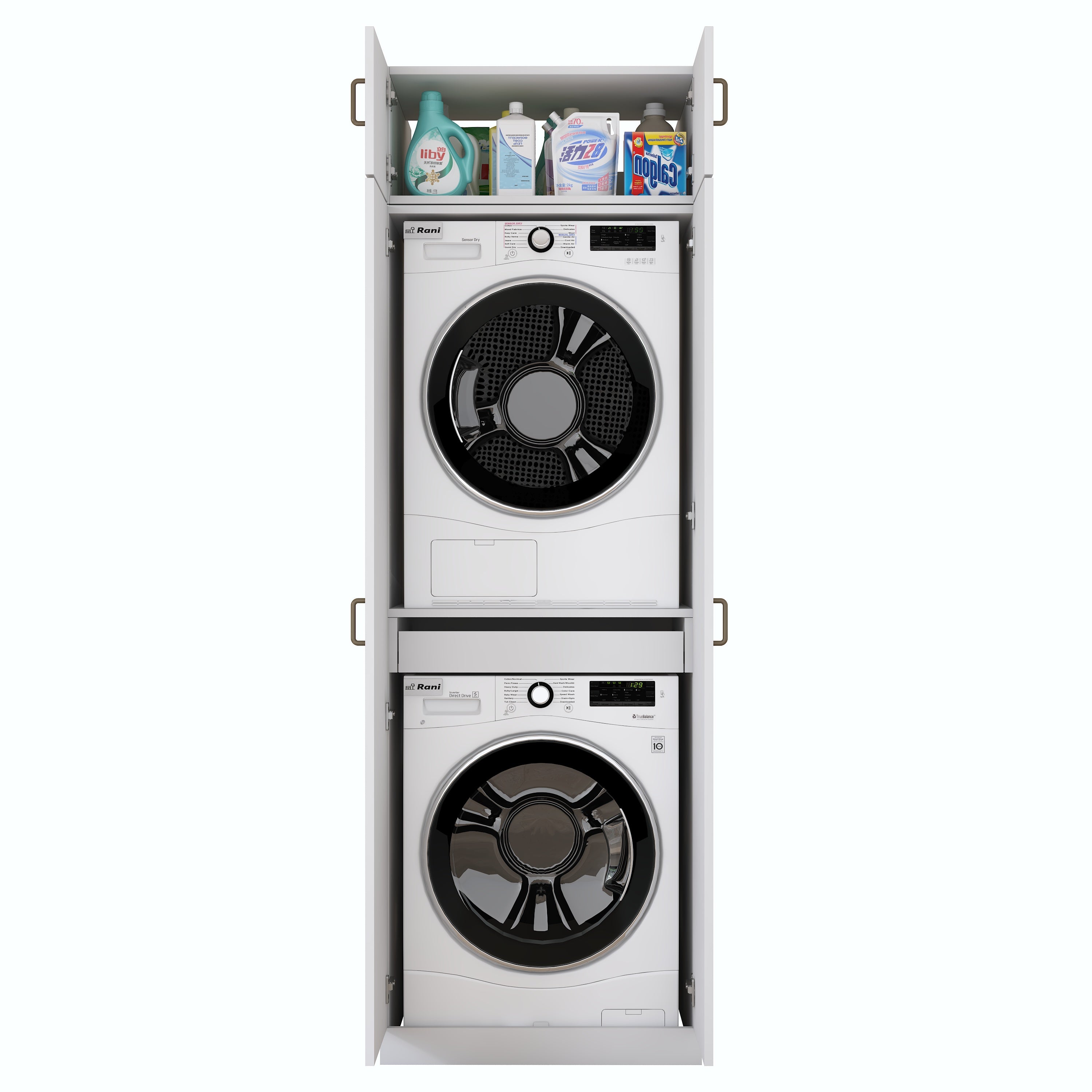 Rani KD141 Çamaşır Ve Kurutma Makinesi Dolabı 2 Kapaklı Çekmeceli Raflı Banyo Dolabı Beyaz