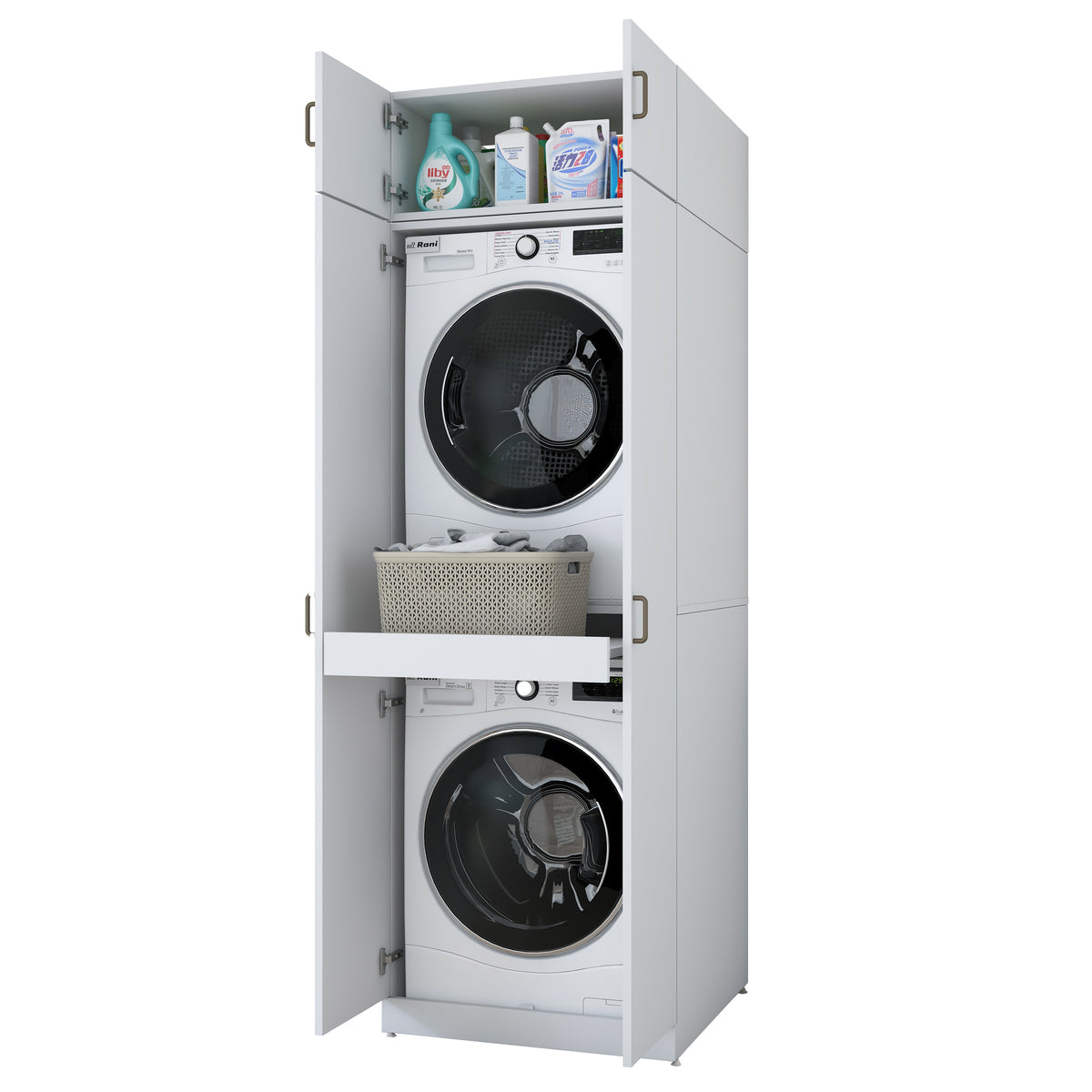 Rani KD141 Çamaşır Ve Kurutma Makinesi Dolabı 2 Kapaklı Çekmeceli Raflı Banyo Dolabı Beyaz