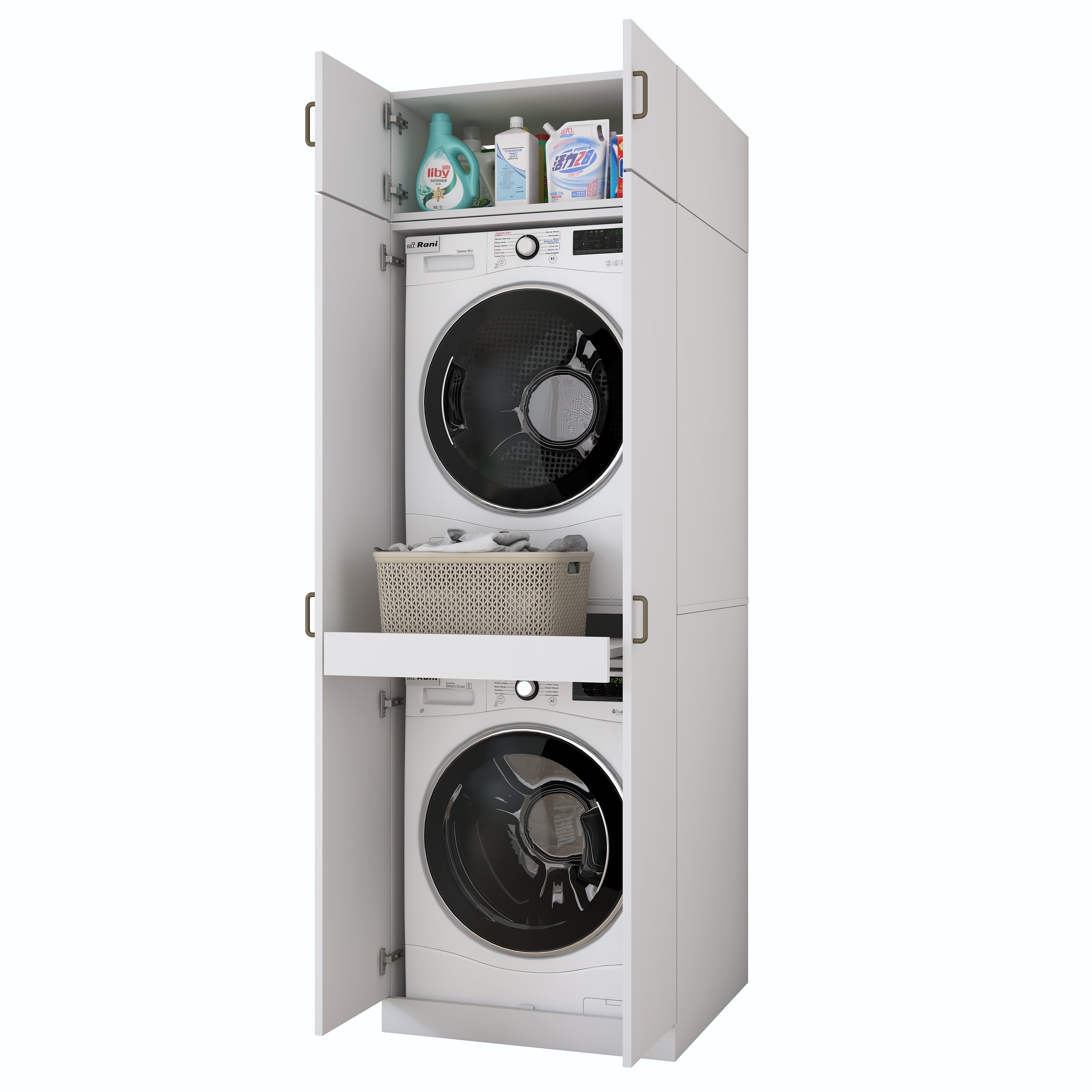 Rani KD141 Çamaşır Ve Kurutma Makinesi Dolabı 2 Kapaklı Çekmeceli Raflı Banyo Dolabı Beyaz