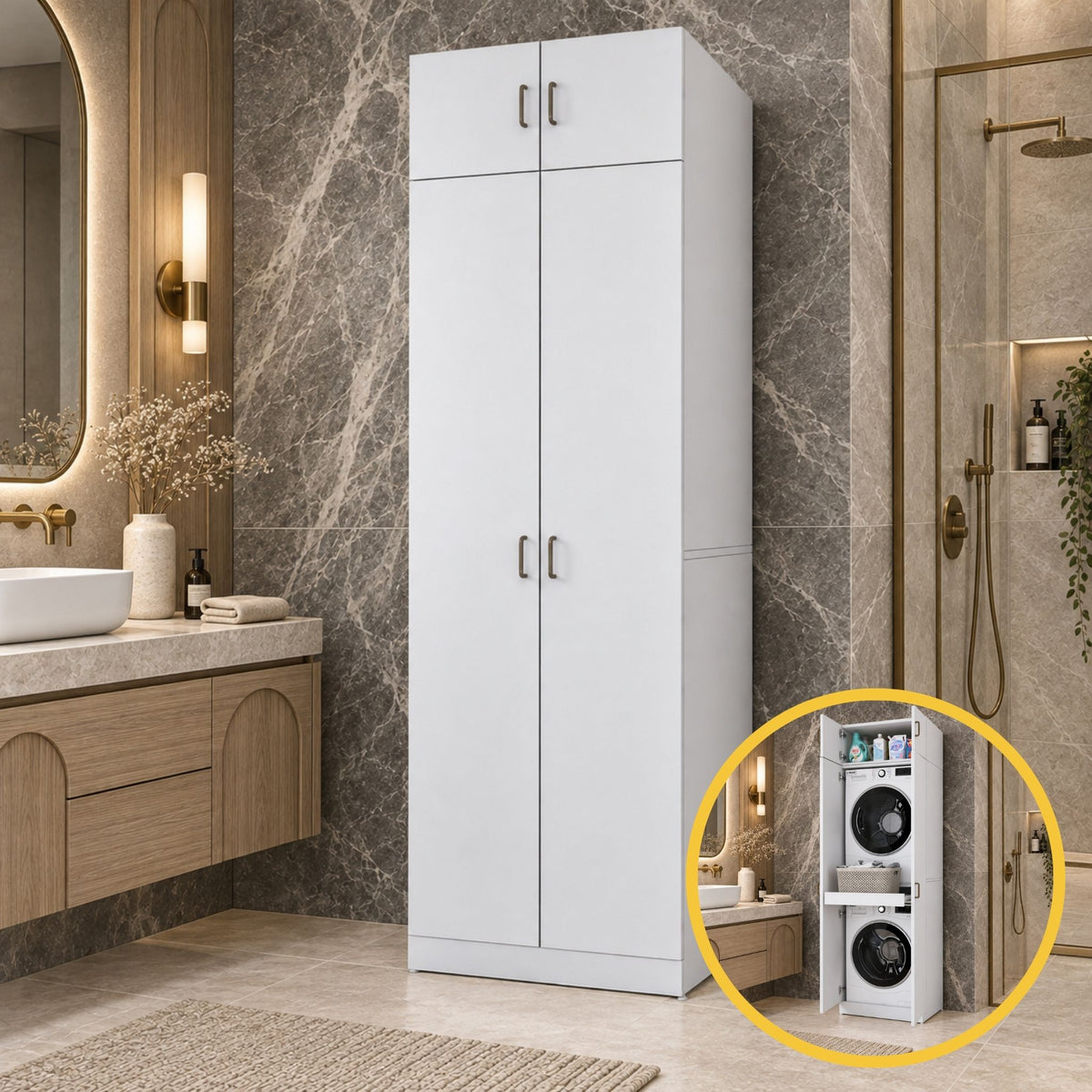 Rani KD141 Çamaşır Ve Kurutma Makinesi Dolabı 2 Kapaklı Çekmeceli Raflı Banyo Dolabı Beyaz