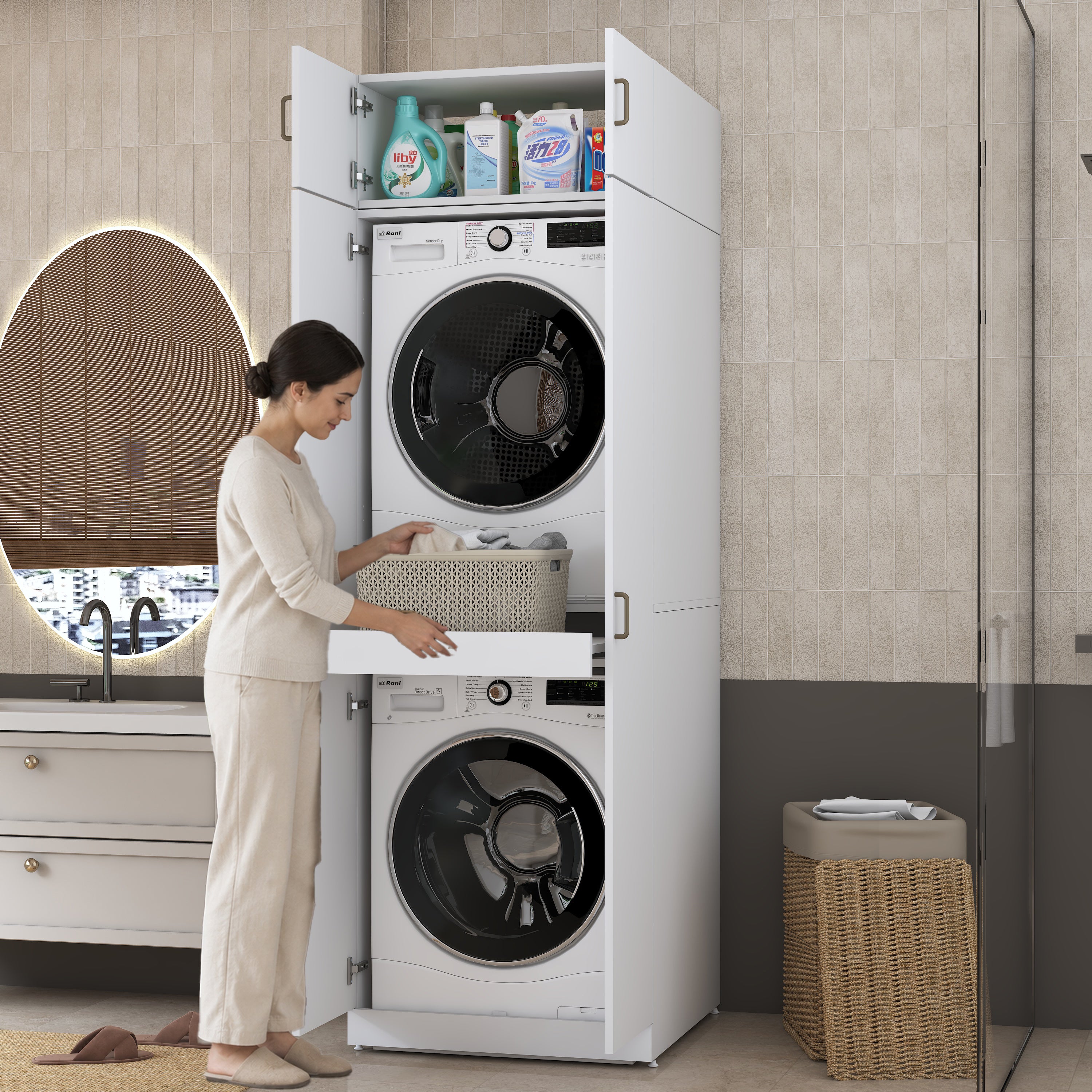 Rani KD141 Çamaşır Ve Kurutma Makinesi Dolabı 2 Kapaklı Çekmeceli Raflı Banyo Dolabı Beyaz