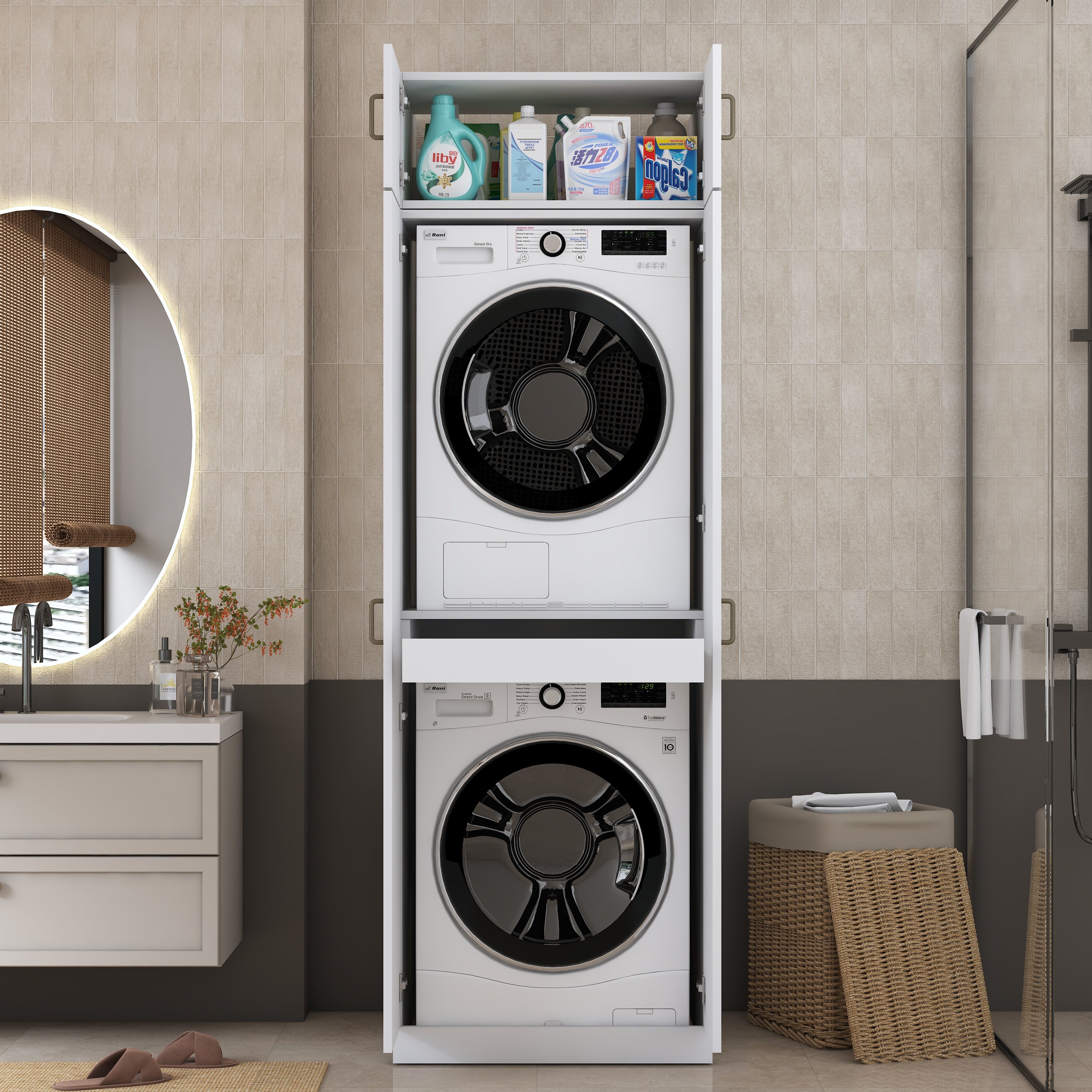 Rani KD141 Çamaşır Ve Kurutma Makinesi Dolabı 2 Kapaklı Çekmeceli Raflı Banyo Dolabı Beyaz