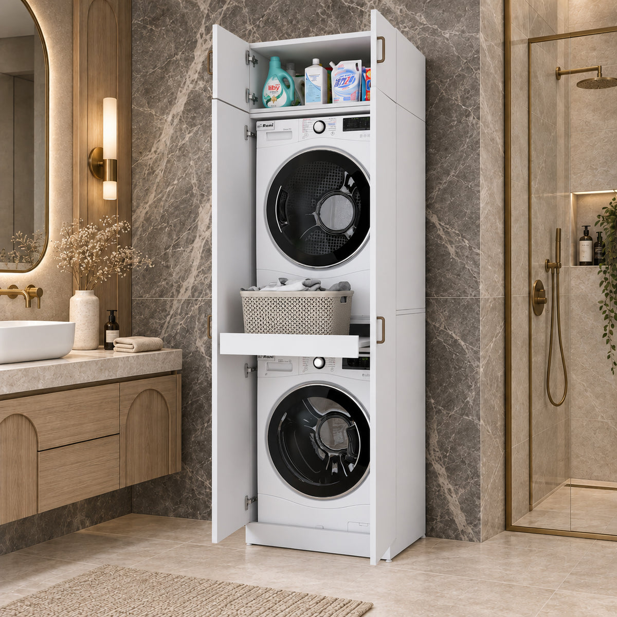 Rani KD141 Çamaşır Ve Kurutma Makinesi Dolabı 2 Kapaklı Çekmeceli Raflı Banyo Dolabı Beyaz