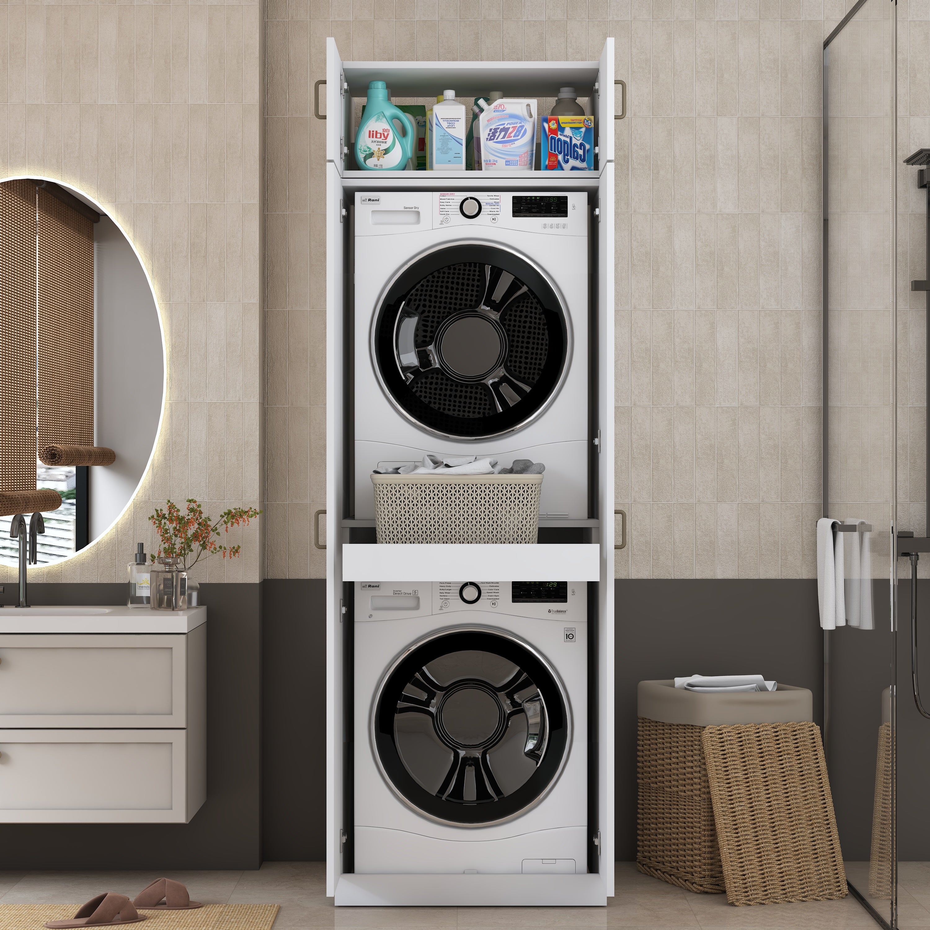 Rani KD141 Çamaşır Ve Kurutma Makinesi Dolabı 2 Kapaklı Çekmeceli Raflı Banyo Dolabı Beyaz