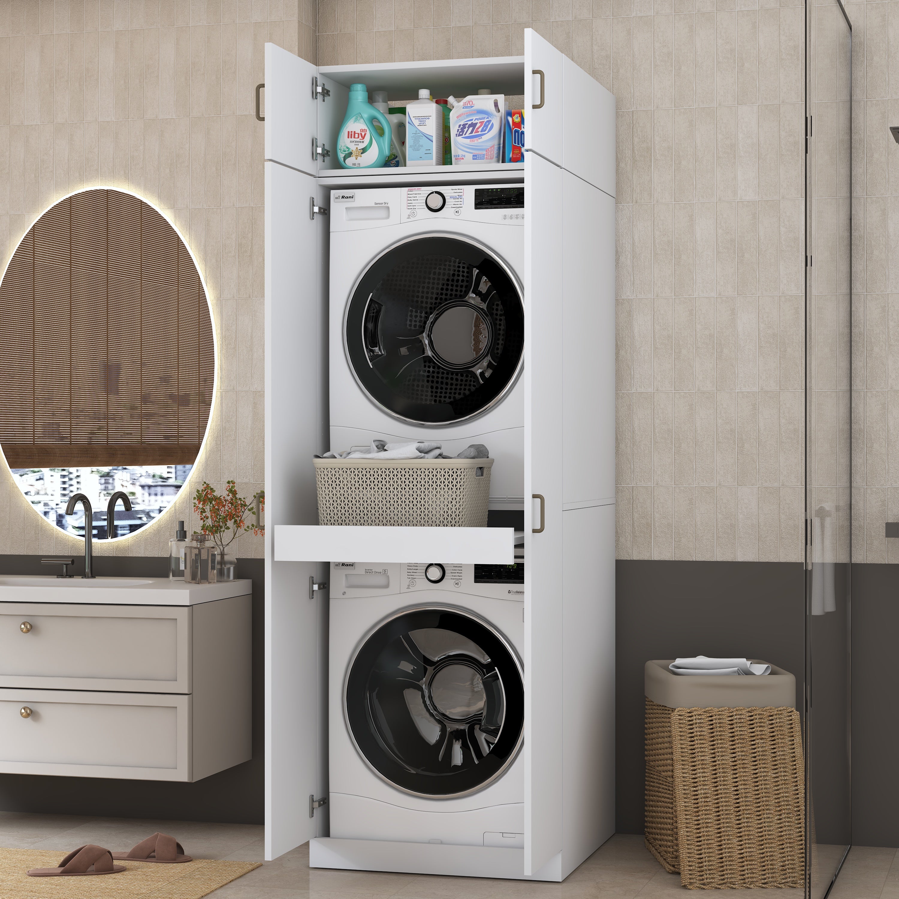 Rani KD141 Çamaşır Ve Kurutma Makinesi Dolabı 2 Kapaklı Çekmeceli Raflı Banyo Dolabı Beyaz