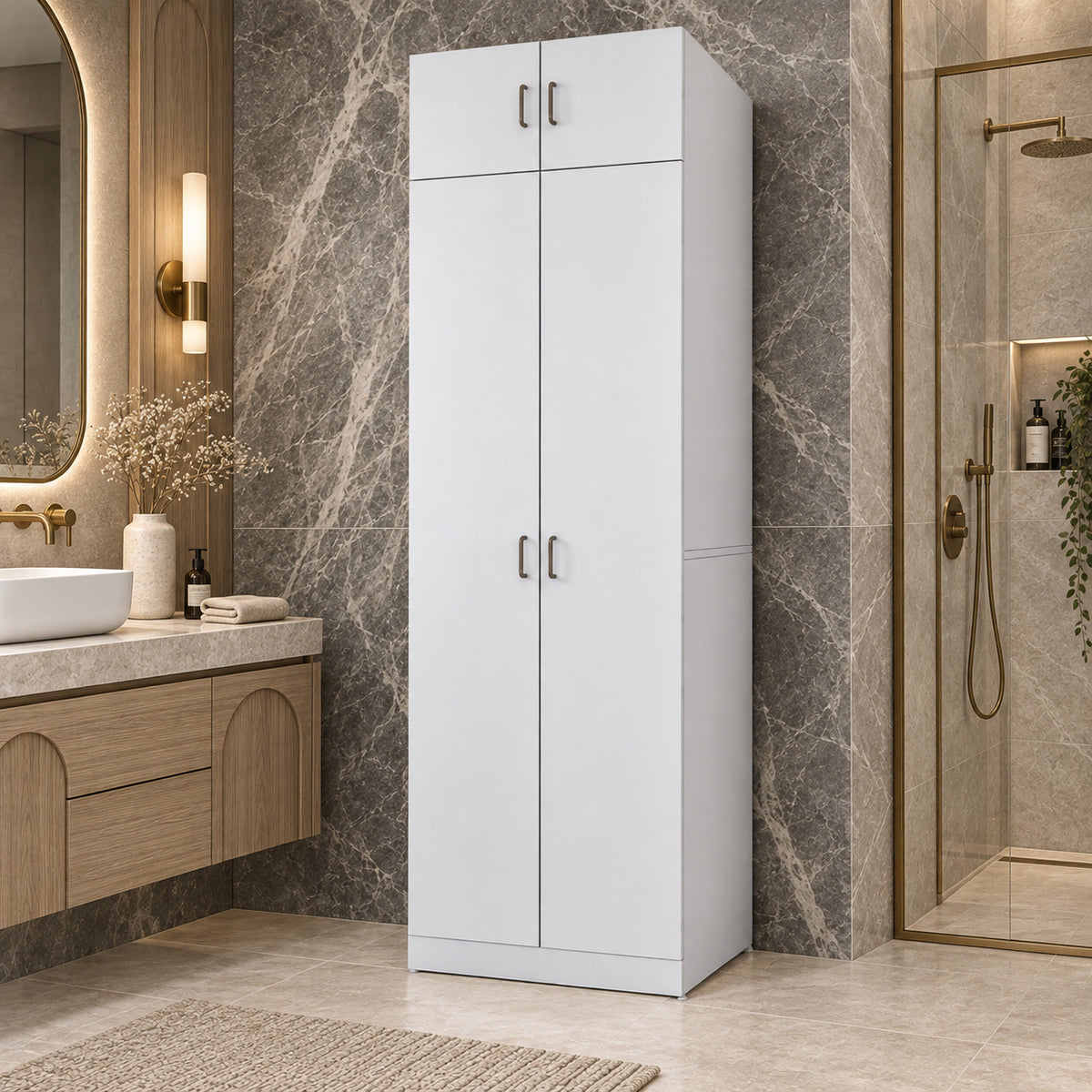 Rani KD141 Çamaşır Ve Kurutma Makinesi Dolabı 2 Kapaklı Çekmeceli Raflı Banyo Dolabı Beyaz
