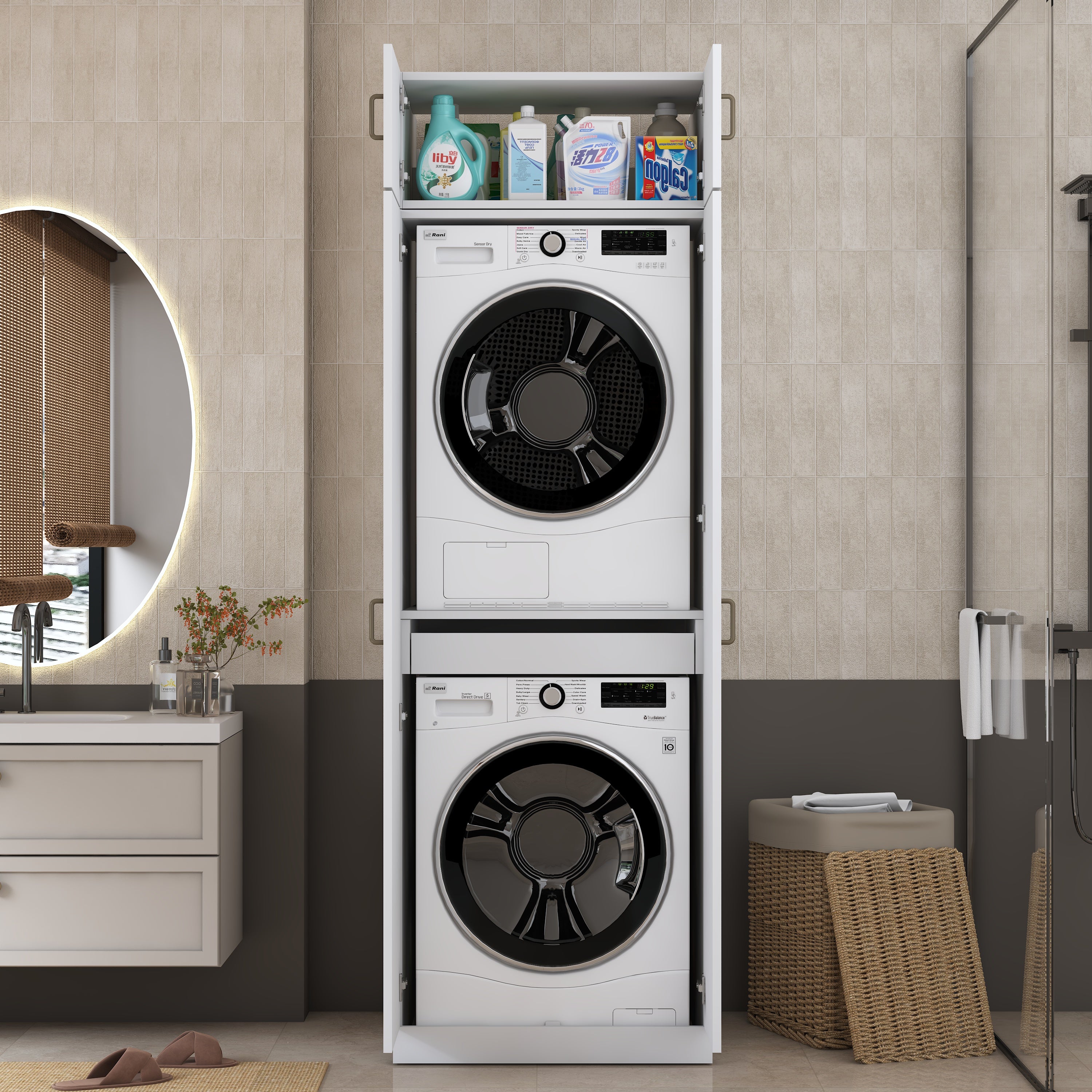 Rani KD141 Çamaşır Ve Kurutma Makinesi Dolabı 2 Kapaklı Çekmeceli Raflı Banyo Dolabı Beyaz