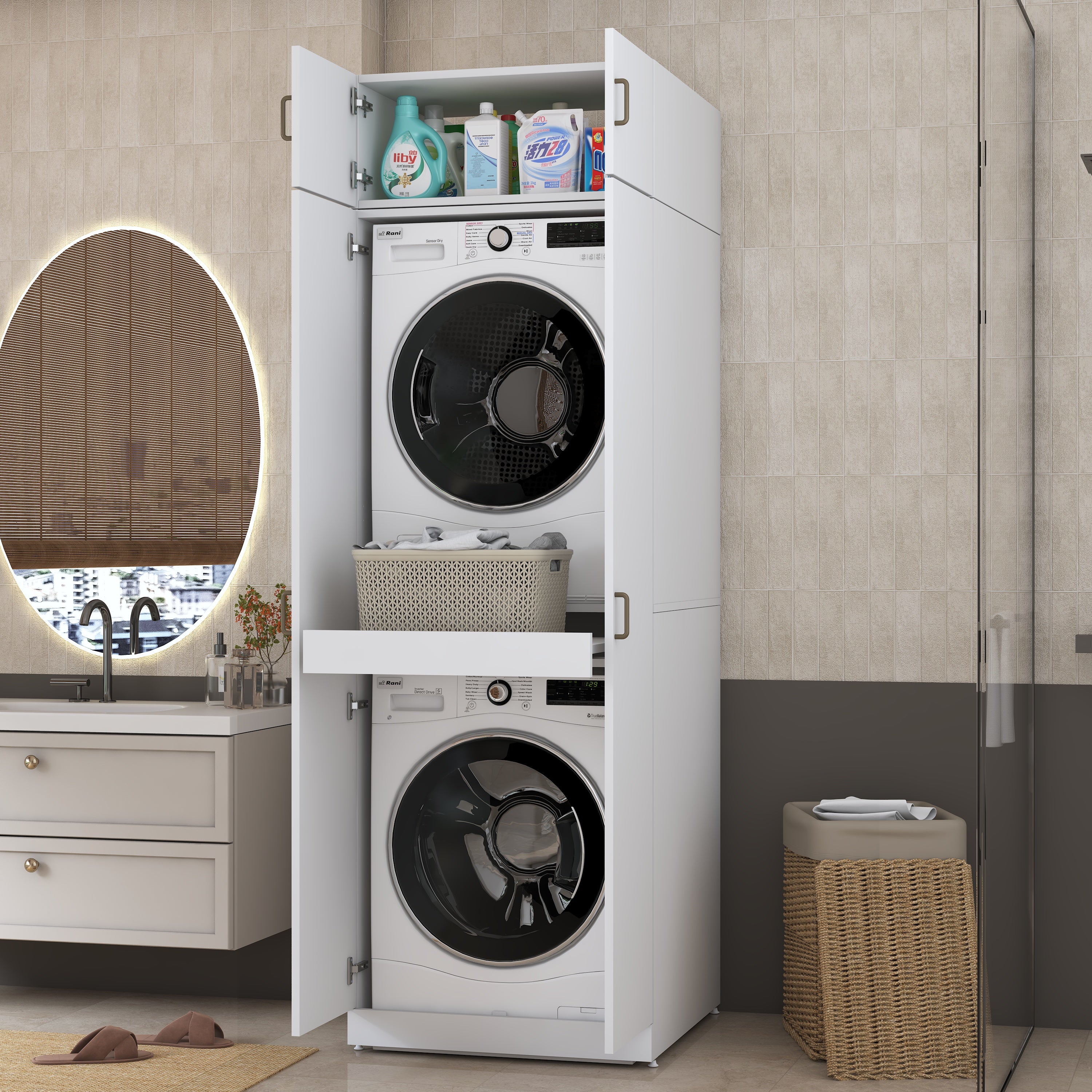 Rani KD141 Çamaşır Ve Kurutma Makinesi Dolabı 2 Kapaklı Çekmeceli Raflı Banyo Dolabı Beyaz