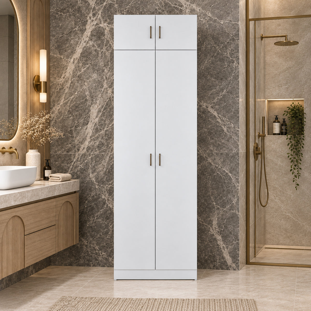 Rani KD141 Çamaşır Ve Kurutma Makinesi Dolabı 2 Kapaklı Çekmeceli Raflı Banyo Dolabı Beyaz