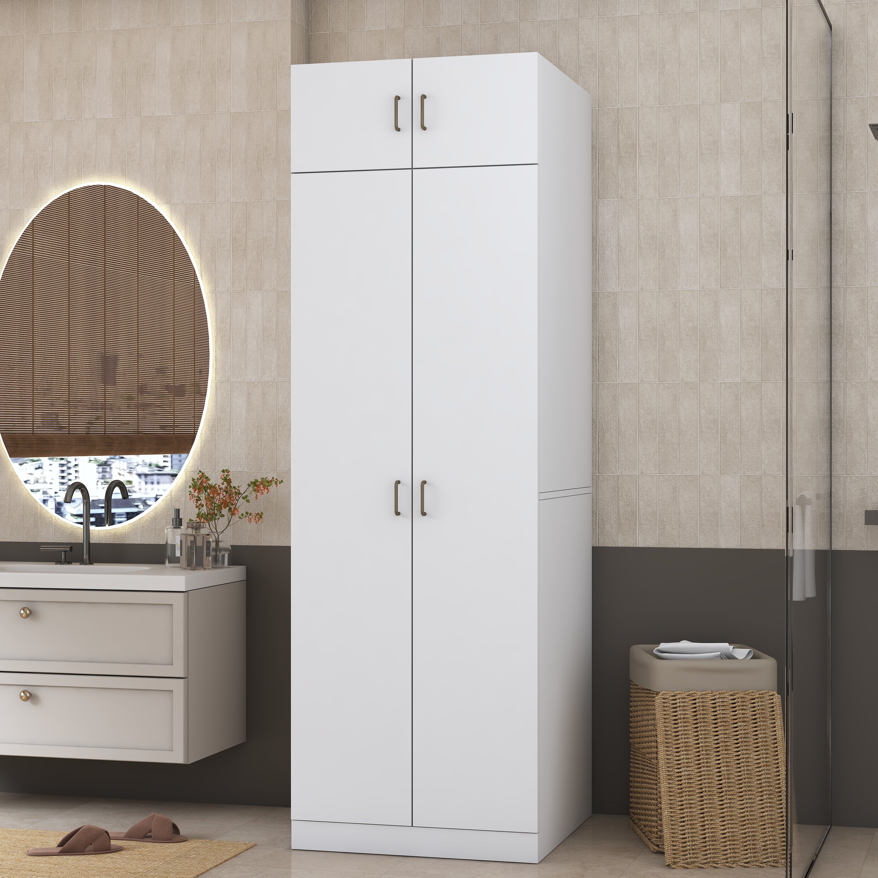 Rani KD141 Çamaşır Ve Kurutma Makinesi Dolabı 2 Kapaklı Çekmeceli Raflı Banyo Dolabı Beyaz