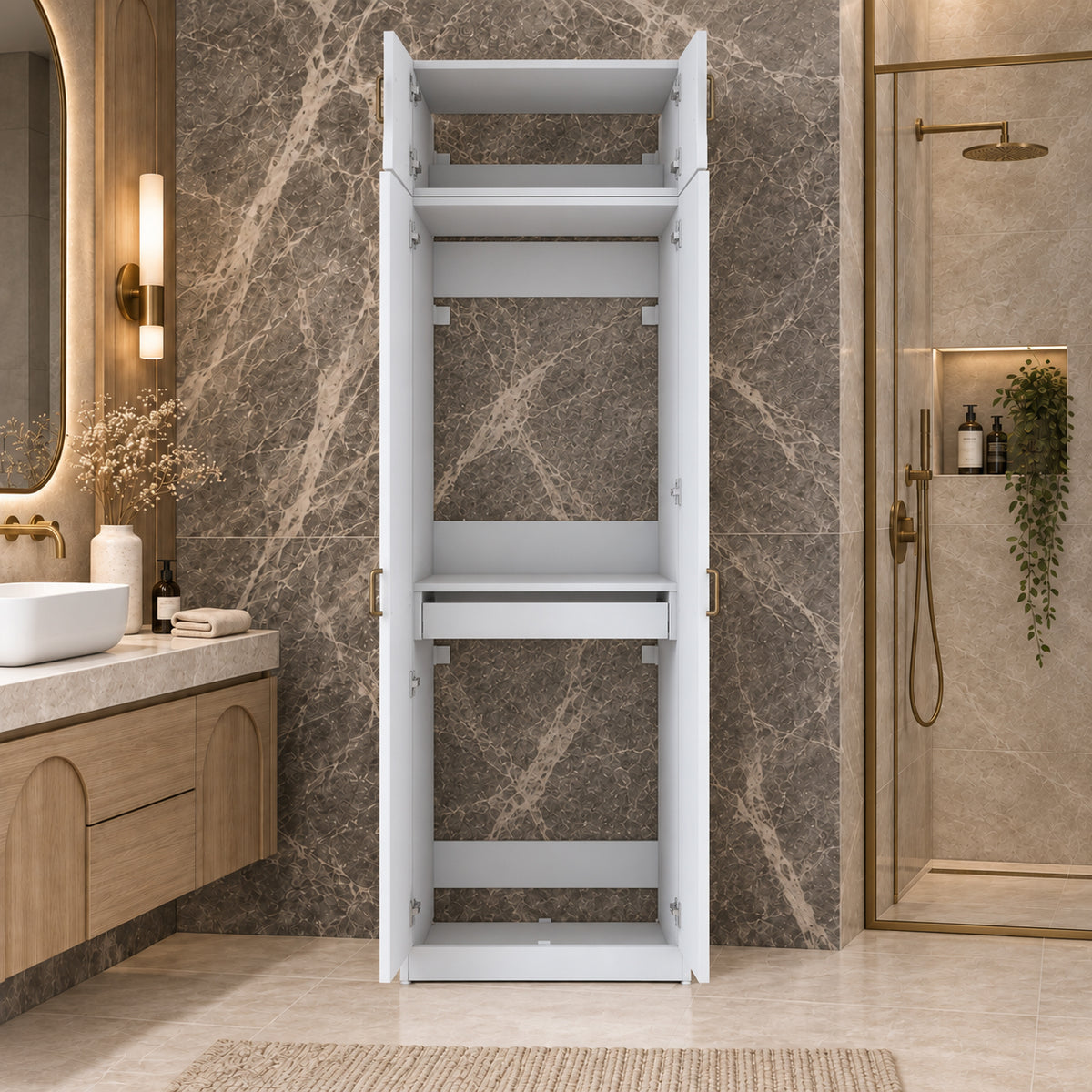 Rani KD141 Çamaşır Ve Kurutma Makinesi Dolabı 2 Kapaklı Çekmeceli Raflı Banyo Dolabı Beyaz