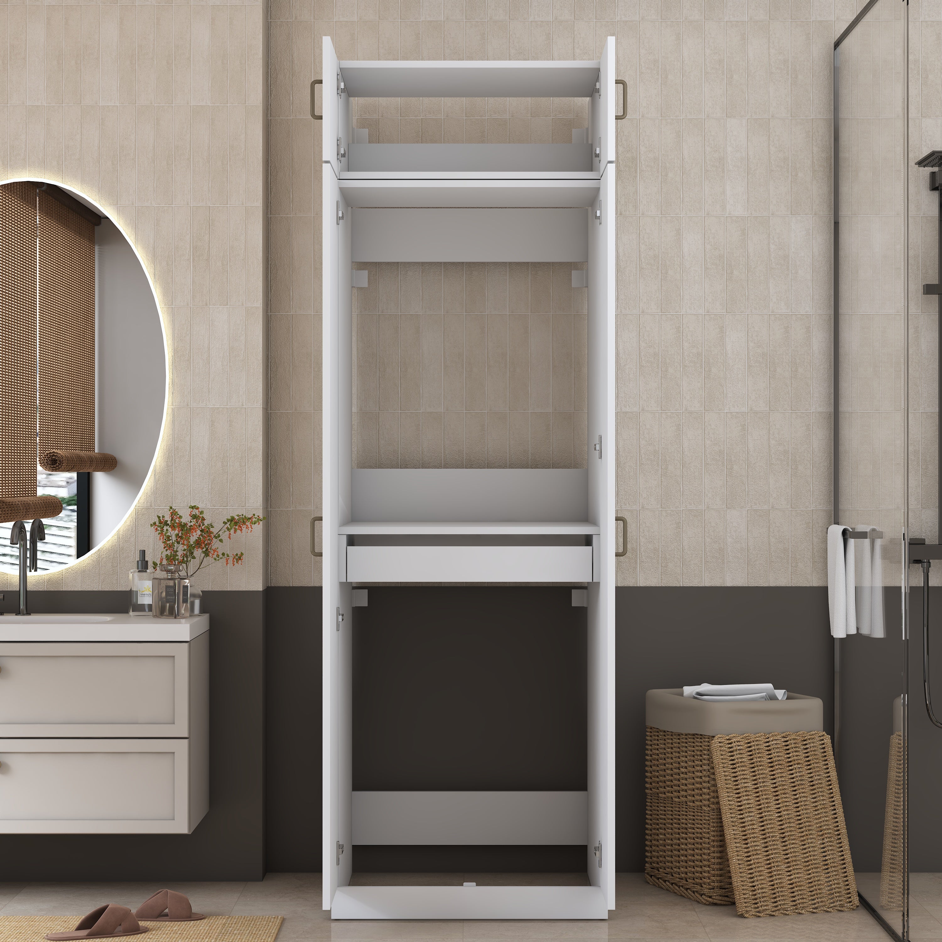 Rani KD141 Çamaşır Ve Kurutma Makinesi Dolabı 2 Kapaklı Çekmeceli Raflı Banyo Dolabı Beyaz