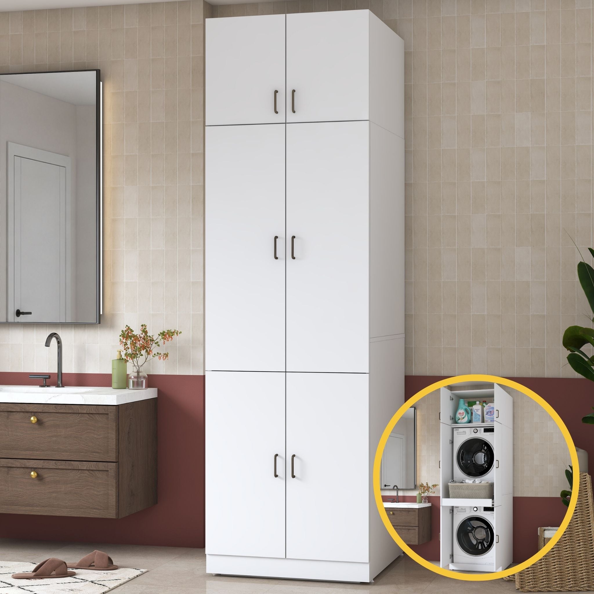 Rani KD145 Çamaşır Ve Kurutma Makinesi Dolabı 4 Kapaklı Çekmeceli Banyo Dolabı Beyaz