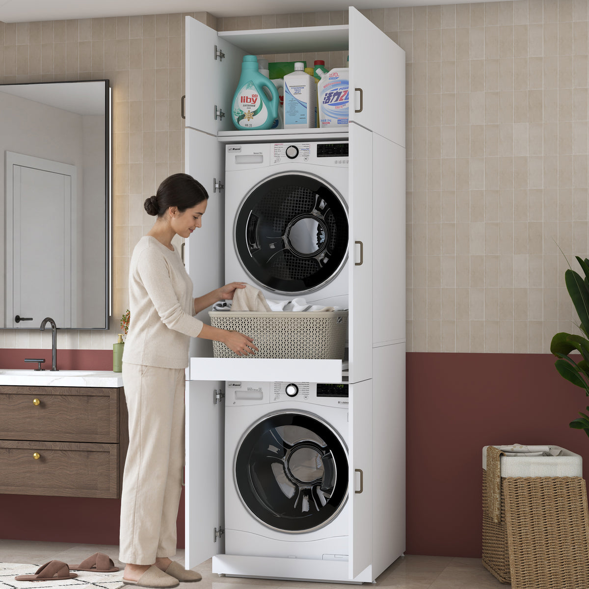 Rani KD145 Çamaşır Ve Kurutma Makinesi Dolabı 4 Kapaklı Çekmeceli Banyo Dolabı Beyaz