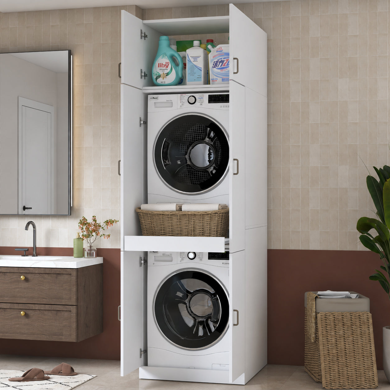 Rani KD145 Çamaşır Makinesi Dolabı 4 Kapaklı Çekmeceli Banyo Dolabı Beyaz