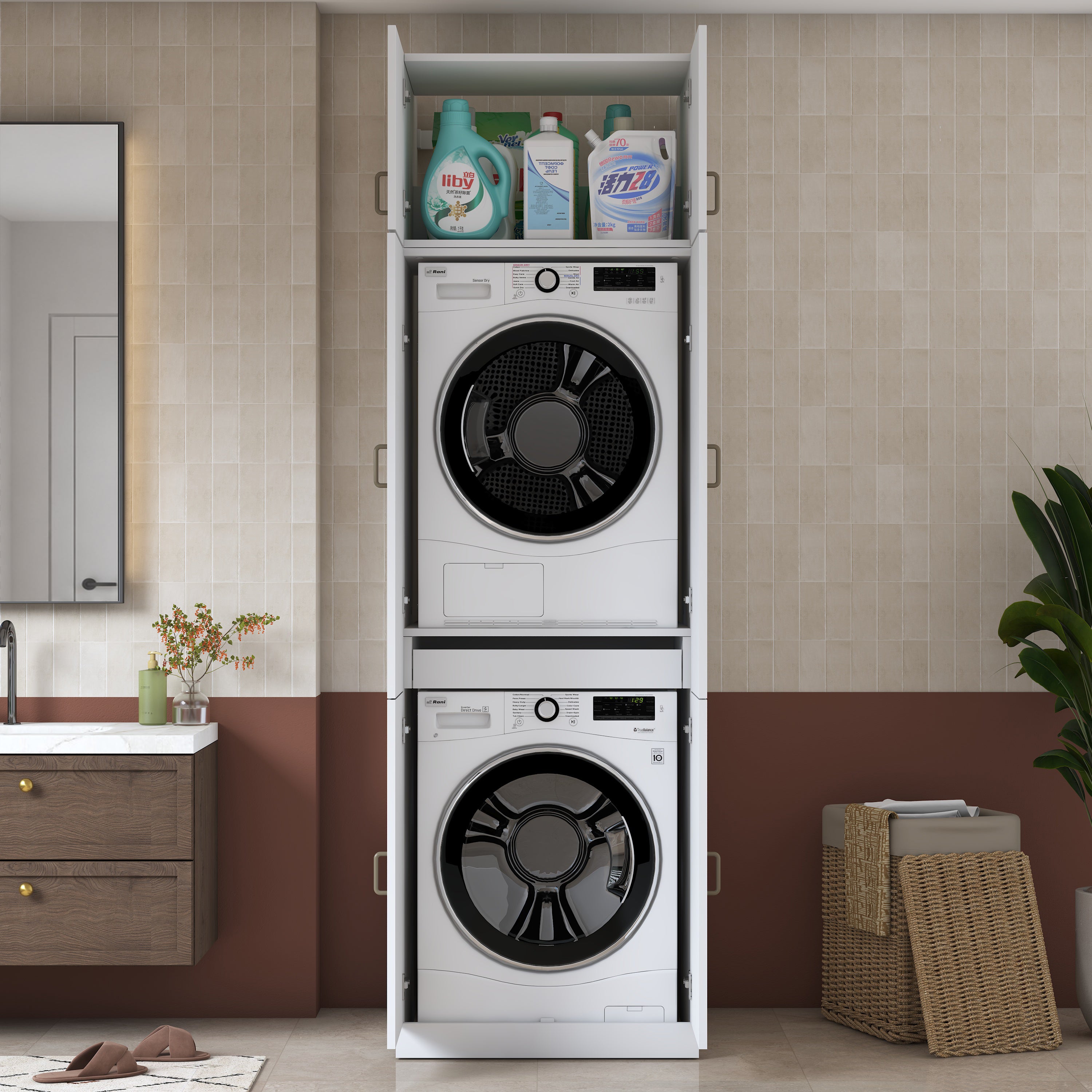 Rani KD145 Çamaşır Makinesi Dolabı 4 Kapaklı Çekmeceli Banyo Dolabı Beyaz