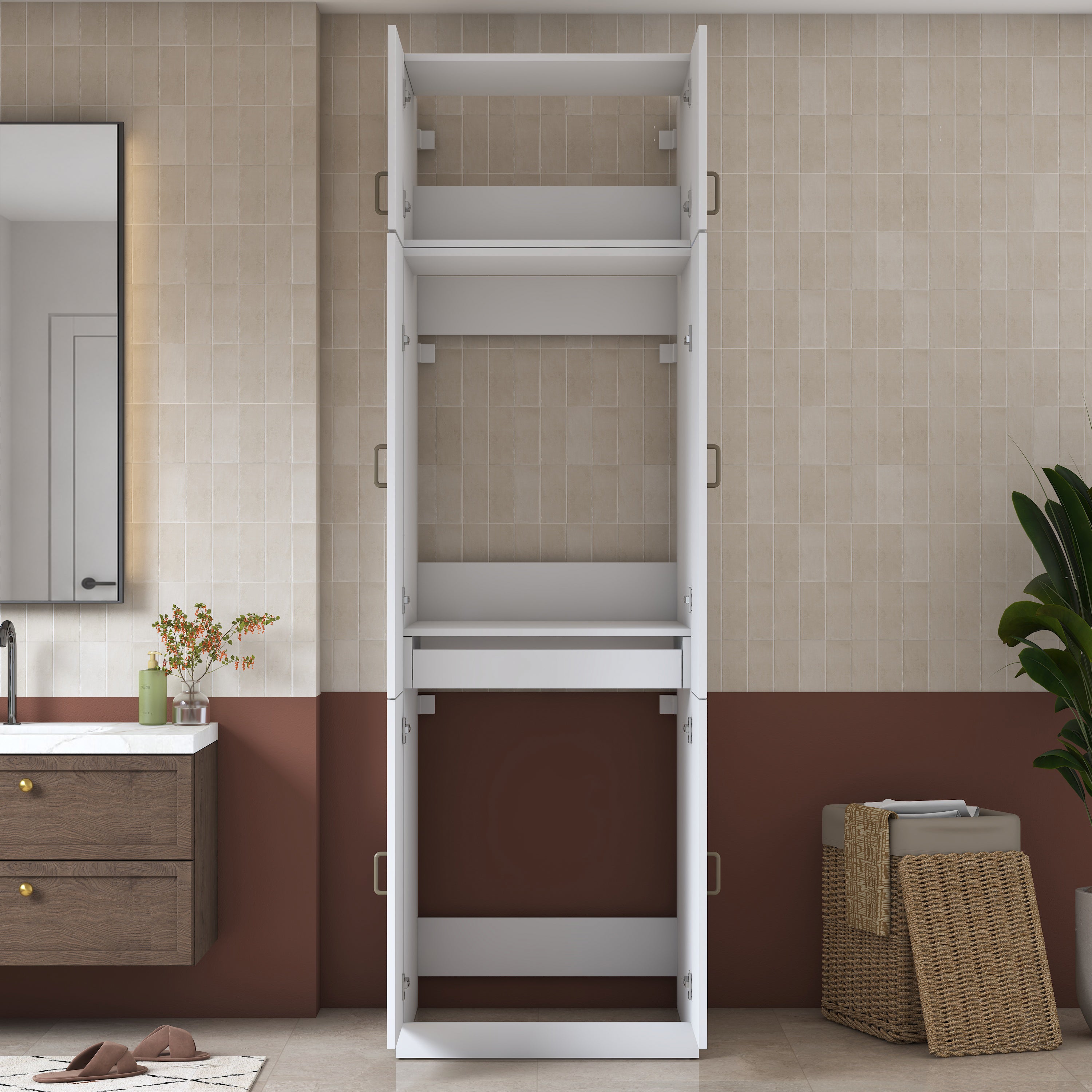 Rani KD145 Çamaşır Makinesi Dolabı 4 Kapaklı Çekmeceli Banyo Dolabı Beyaz