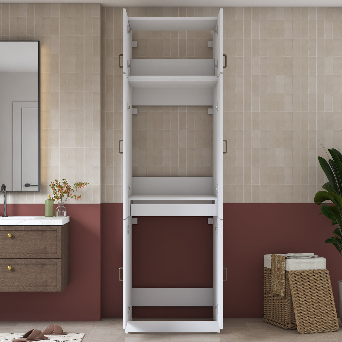 Rani KD145 Çamaşır Ve Kurutma Makinesi Dolabı 4 Kapaklı Çekmeceli Banyo Dolabı Beyaz