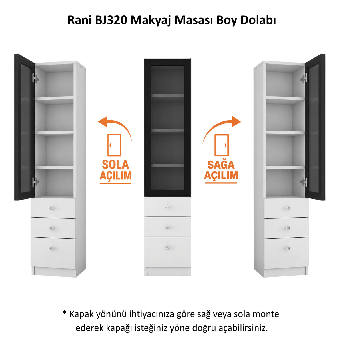 Rani BJ320 Makyaj Masası Yan Dolabı Füme Cam Kapaklı 3 Çekmeceli Raflı Beyaz