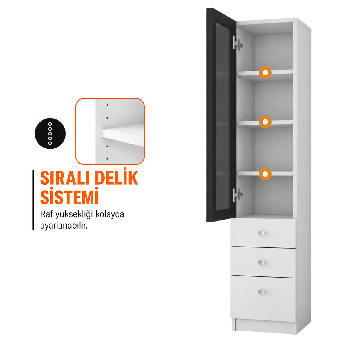 Rani BJ320 Makyaj Masası Yan Dolabı Füme Cam Kapaklı 3 Çekmeceli Raflı Beyaz