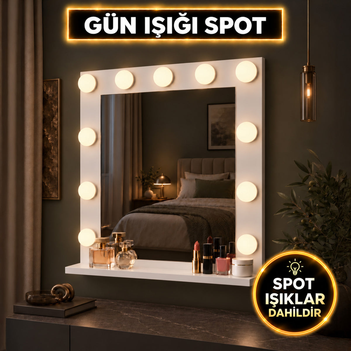 Rani EF123 Hollywood Günışığı Spot Işıklı Kulis Makyaj Aynası Beyaz