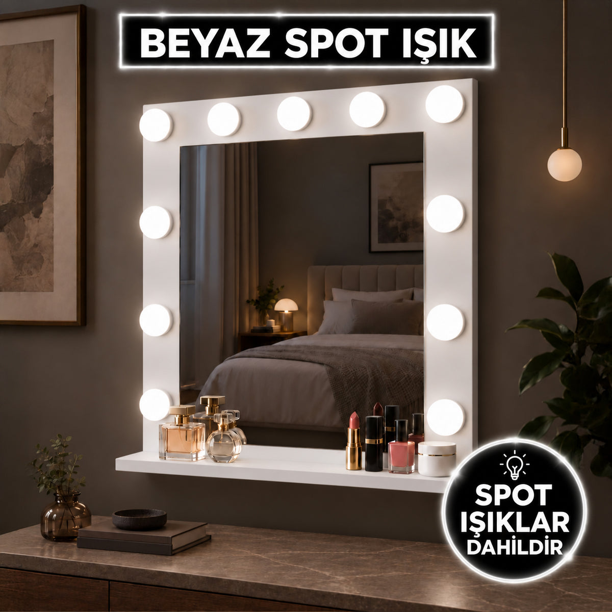 Rani EF122 Hollywood Beyaz Spot Işıklı Kulis Makyaj Aynası Beyaz