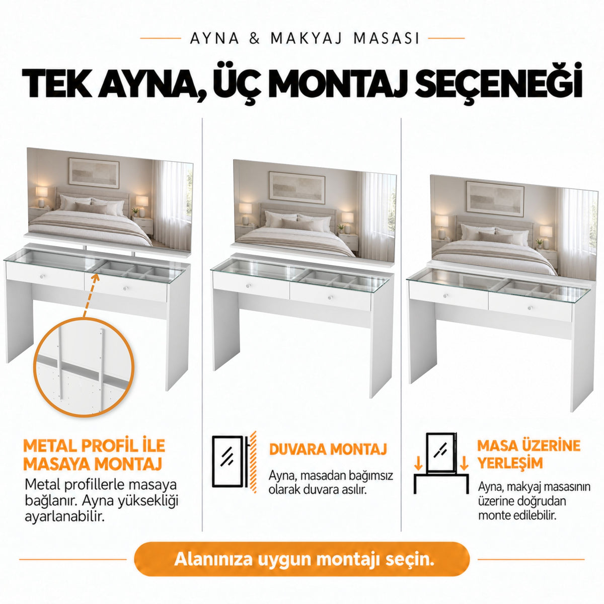 Rani BJ317 Aynalı Cam Tablalı Makyaj Masası 2 Çekmeceli Takı Düzenleyici Beyaz