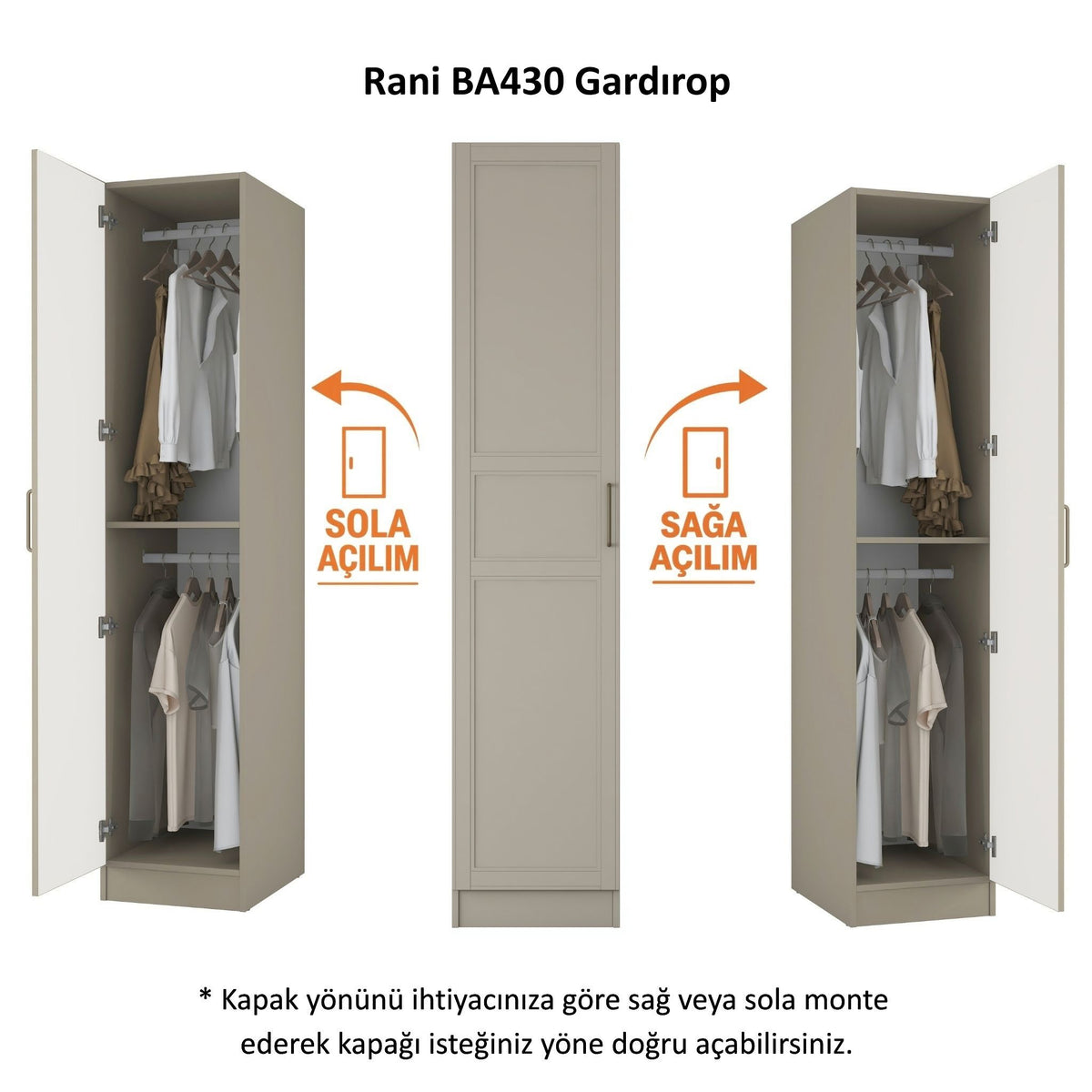 Rani BA430 Membran Kapaklı Gardırop Tek Kapaklı Raflı 2 Askılı Elbise Dolabı Kumtaşı