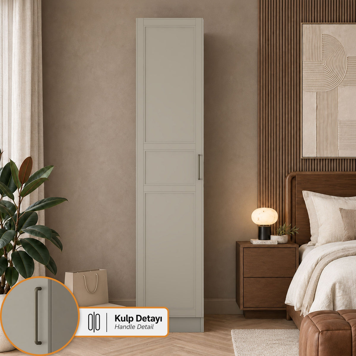 Rani BA430 Membran Kapaklı Gardırop Tek Kapaklı Raflı 2 Askılı Elbise Dolabı Kumtaşı