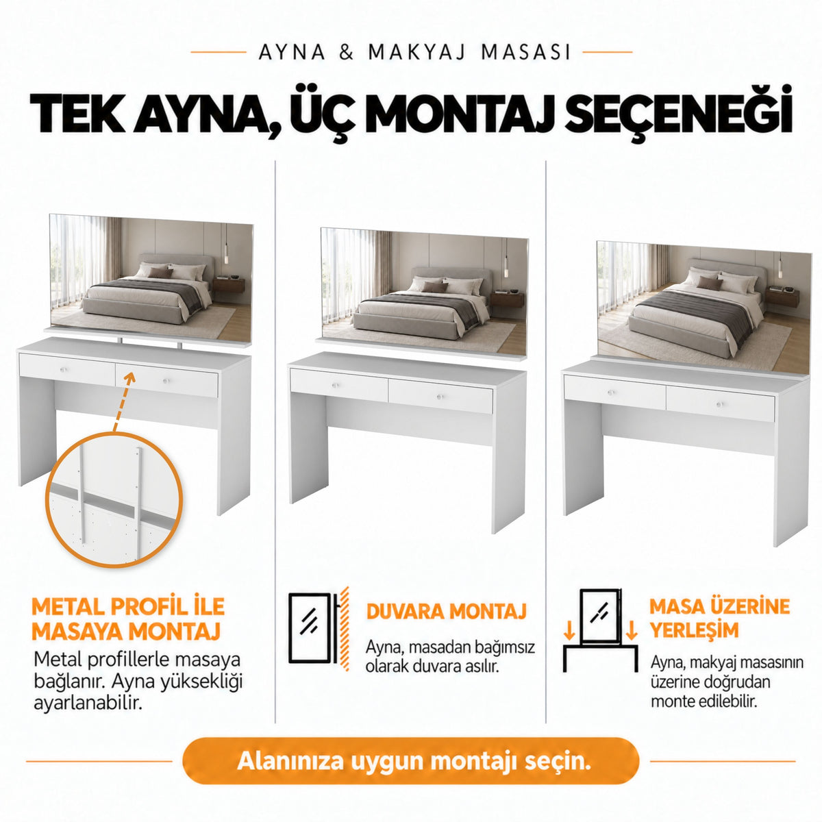 Rani BJ316 Aynalı Kulis Makyaj Masası 2 Çekmeceli Takı Düzenleyici Beyaz
