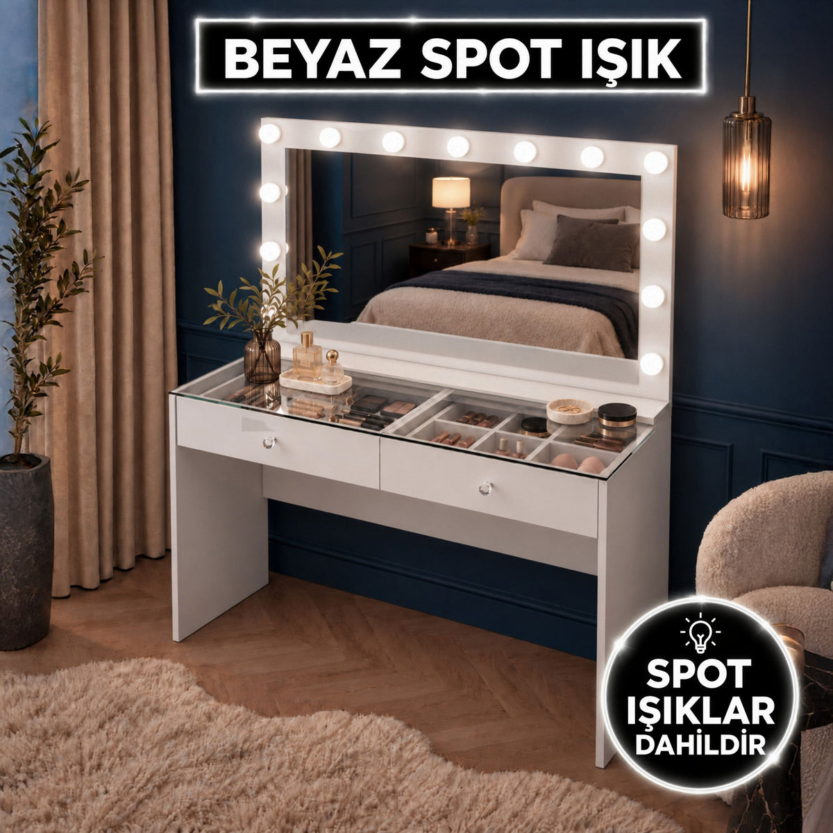 Rani BJ315 Hollywood Beyaz Işıklı Aynalı Cam Tablalı Makyaj Masası 2 Çekmeceli Takı Düzenleyici Beyaz